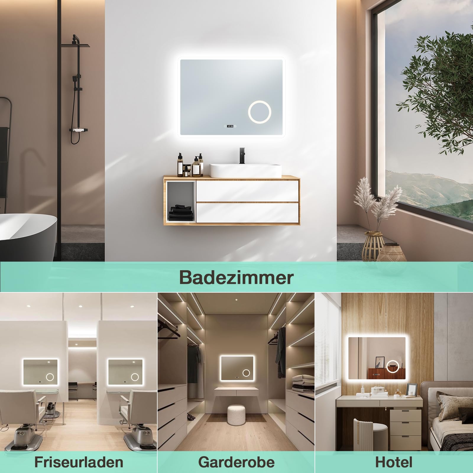 LED Bad Spiegel 80x60 cm mit Beleuchtung, 3 Lichtfarben & Dimmbar, Antibeschlag, Uhr & 3-fache Vergrößerung, Wandspiegel für Badezimmer