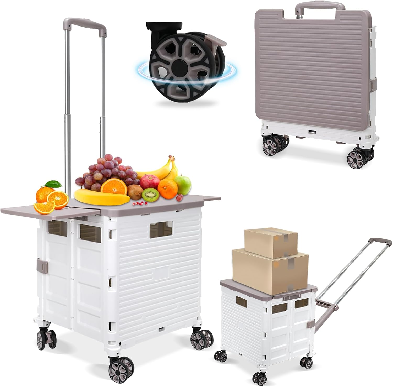 FELICON SELORSS Folding Utility Cart Rolling Crate Tote Basket Box Storage Handcart on 4 Swivel Wheels with Adjustable Handle Extended Magnetic Lid for Teacher Move Shop Travel Grocery Office(White) White BY10WX-Adjustable Handle