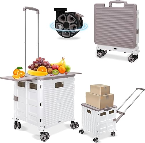 Miniatura 17 de FELICON SELORSS - Carrito plegable portátil plegable con mango telescópico de plástico resistente y duradero, 4 ruedas giratorias para viajes, Blanco