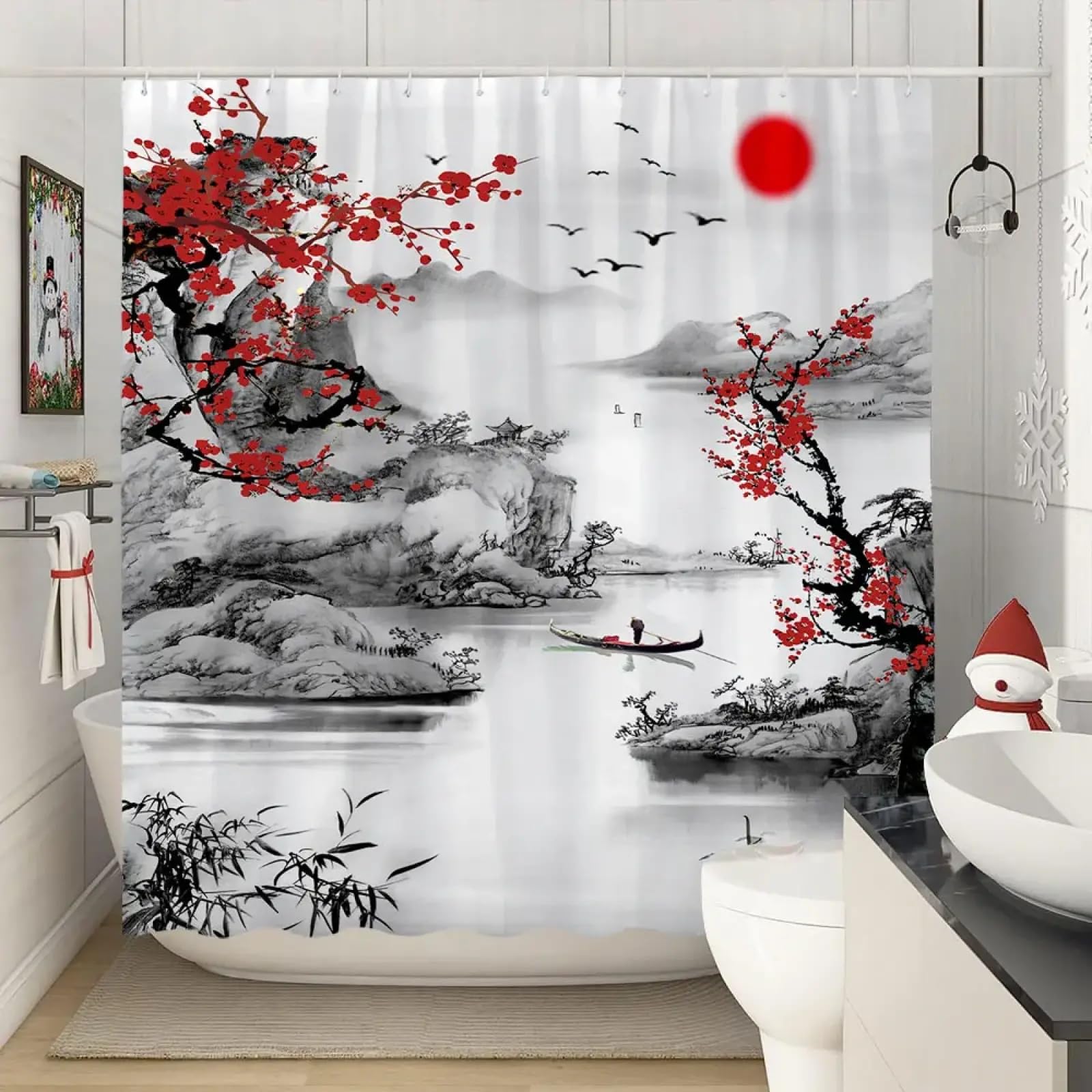 Rideau de douche branche fleur de prunier rouge poésie asiatique pour salle de bain