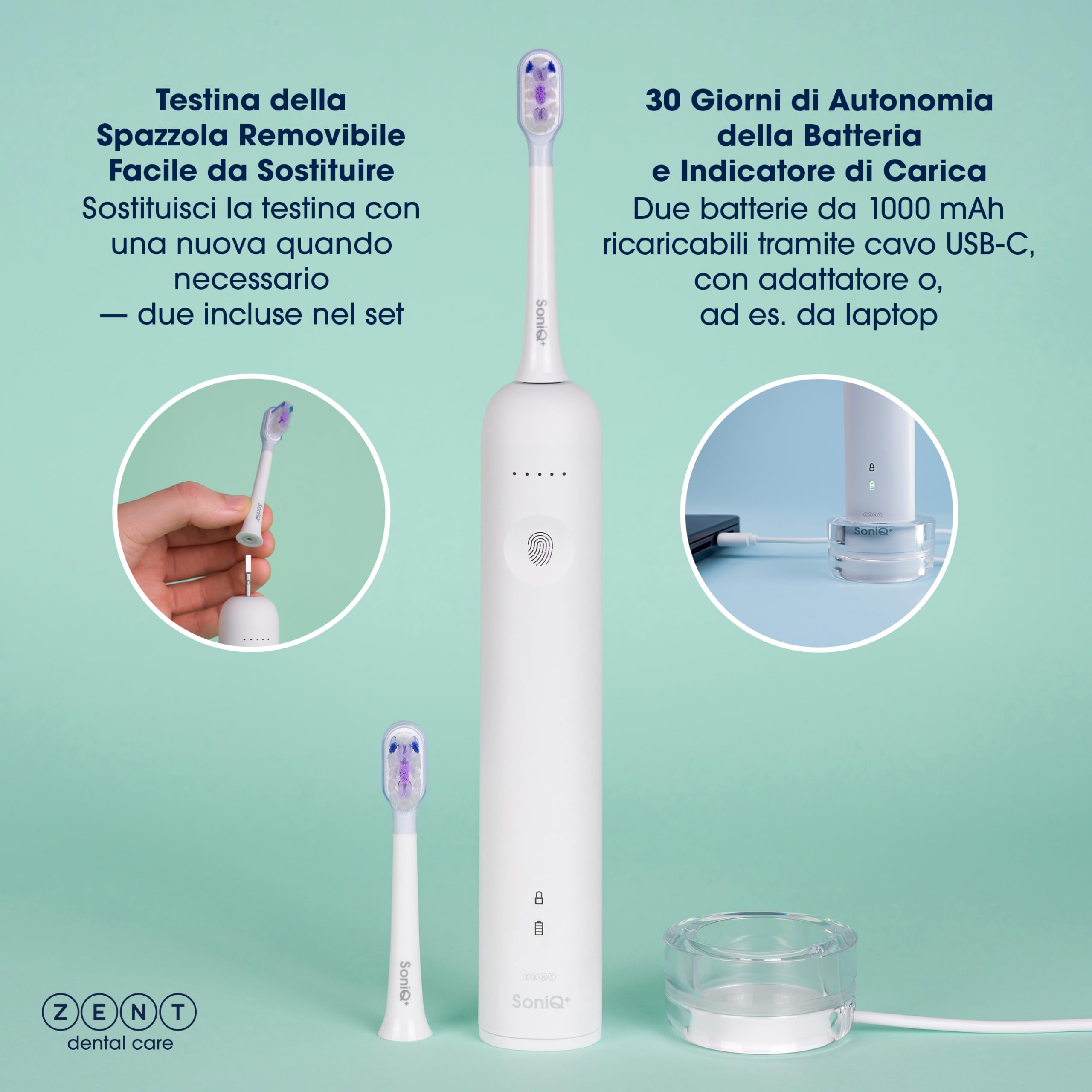 ZENT Spazzolino elettrico sonico 2in1, Spazzolino elettrico oscillante rotante con movimento rotatorio, 5 modalità di funzionamento, per denti sensibili, Impermeabilità IPX7, Caricatore a induzione