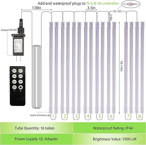 Miniatura 6 de Luces de sombrilla de patio al aire libre, 1000 lúmenes 15 W LED blanco cálido, impermeable con temporizador regulable, luz de poste de sombrilla