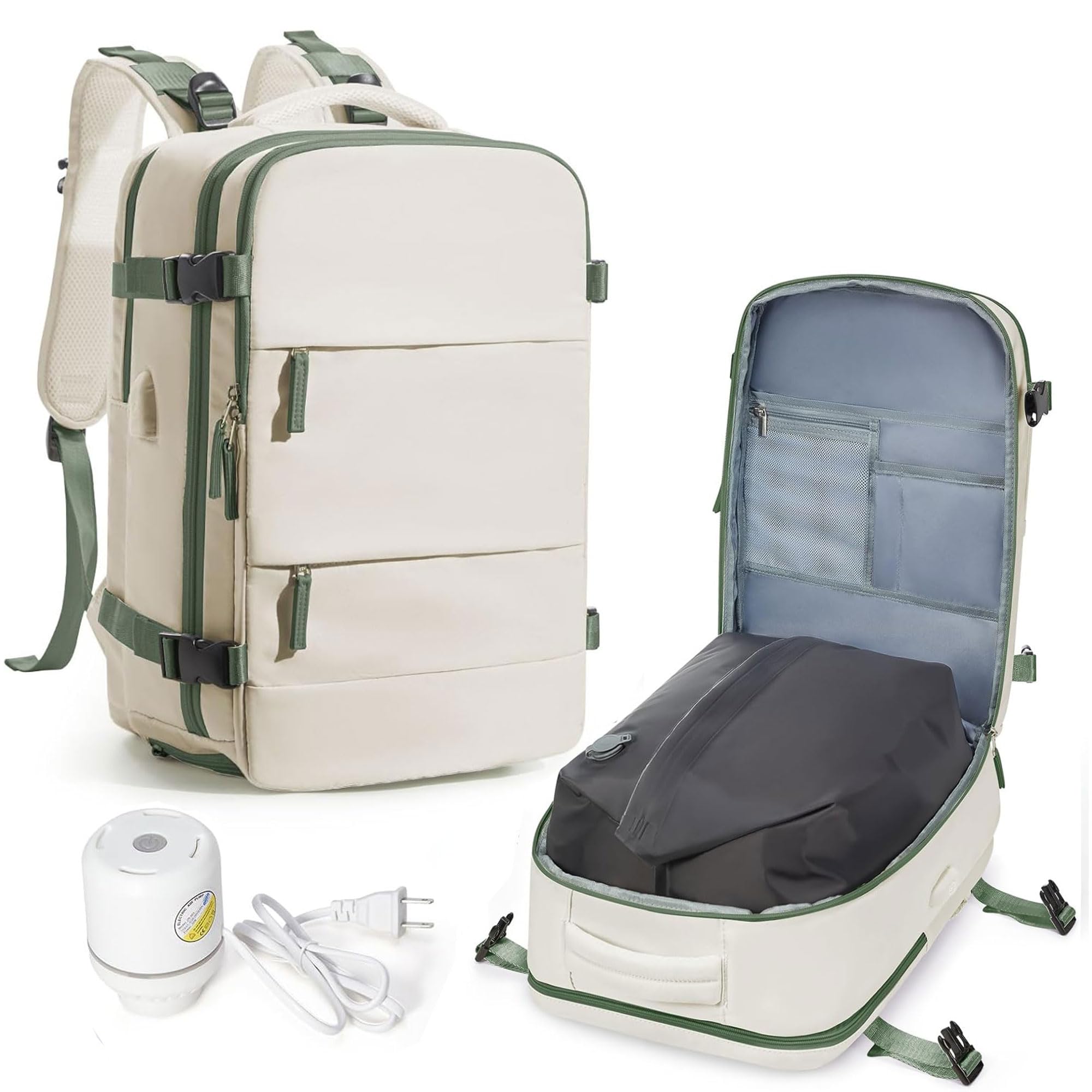 SEAFEW Vacuum Travel Backpack with Electric Pump, Waterproof Personal Item Bag, Women &amp; Men's Anti-Theft Laptop Daypack for Work/Trip/Gym with Wet Bag &amp; Shoe Compartment, Beige Green