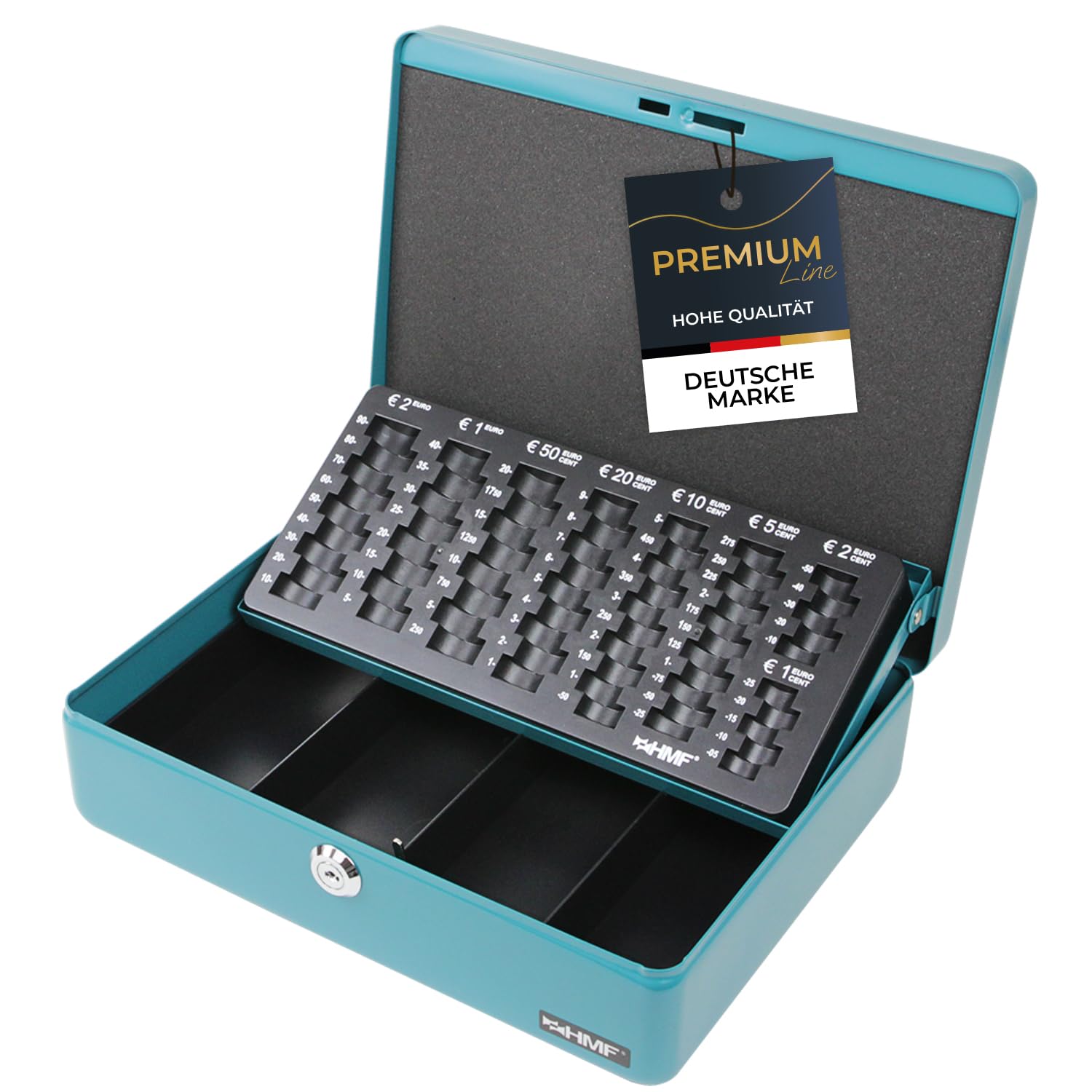 HMF 10015-24 Geldkassette abschließbar mit Münzzählbrett | 30 x 24 x 9 cm | Petrol