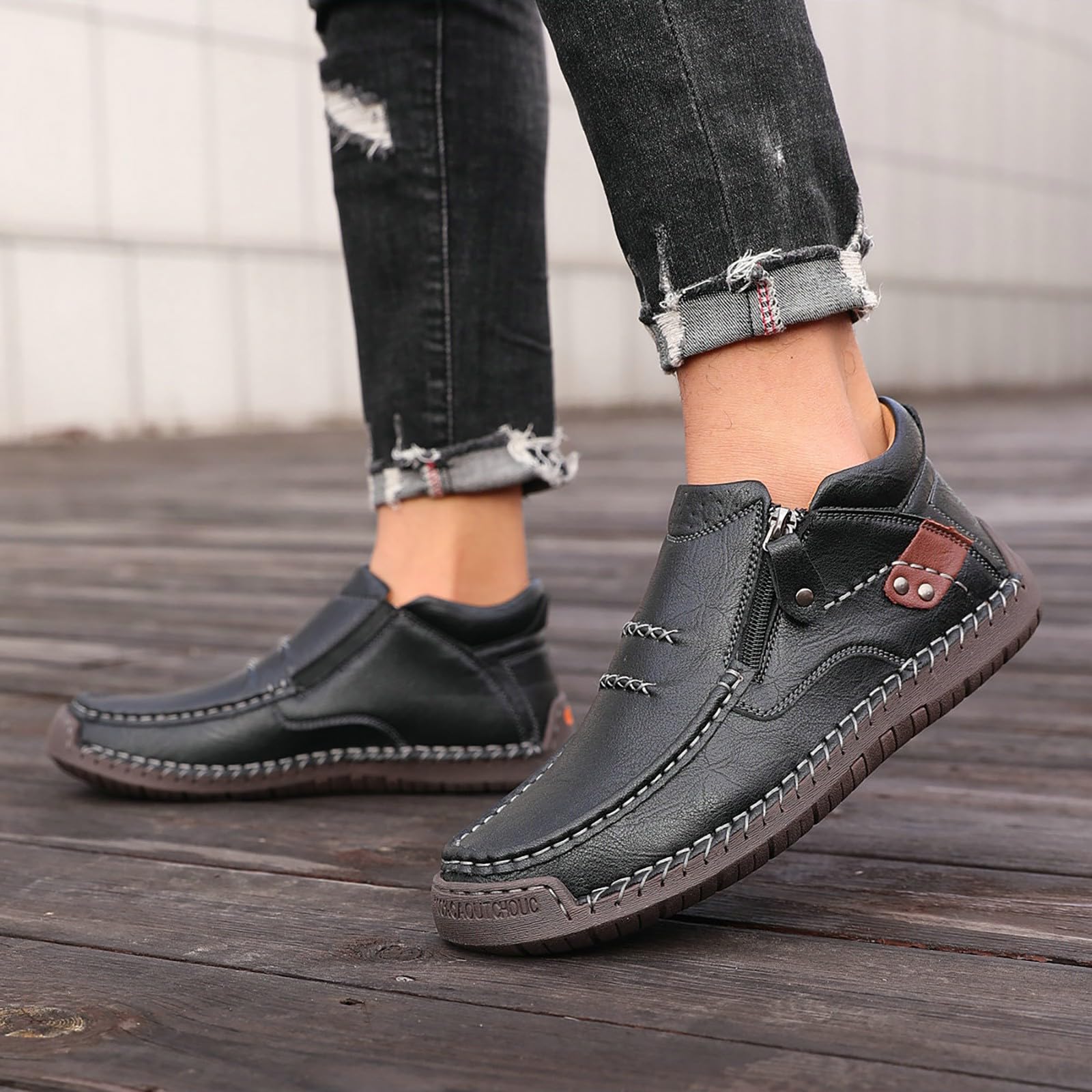 Zapatos de piel para hombre, hechos a mano, planos, antideslizantes, transpirables, clásicos, de negocios, con cremallera, extraanchos, amortiguadores, informales, para exteriores