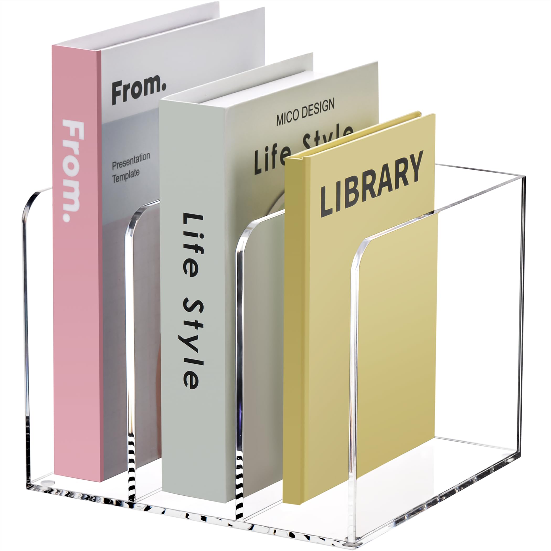 HeZone Zeitschriftenhalter aus Acryl, transparenter Aktenordner mit 3 Fächern | Acryl-Aktenhalter, Sortierregal, Buch-Organizer für Schreibtisch, Montage ohne Werkzeug, für Büro/Zuhause