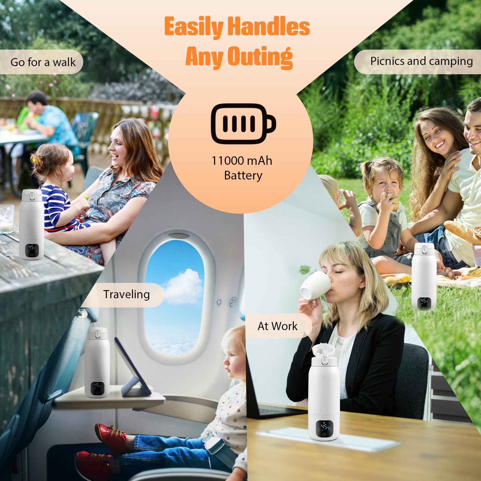 Flaschenwärmer Tragbarer 500ML Wireless, Autoflaschenwärmer mit Einstellbarer Temperatur von 37°C bis 70°C, Schnelles Aufwärmen und präzise Temperaturkontrolle, Wiederaufladbarer Babywasserwärmer