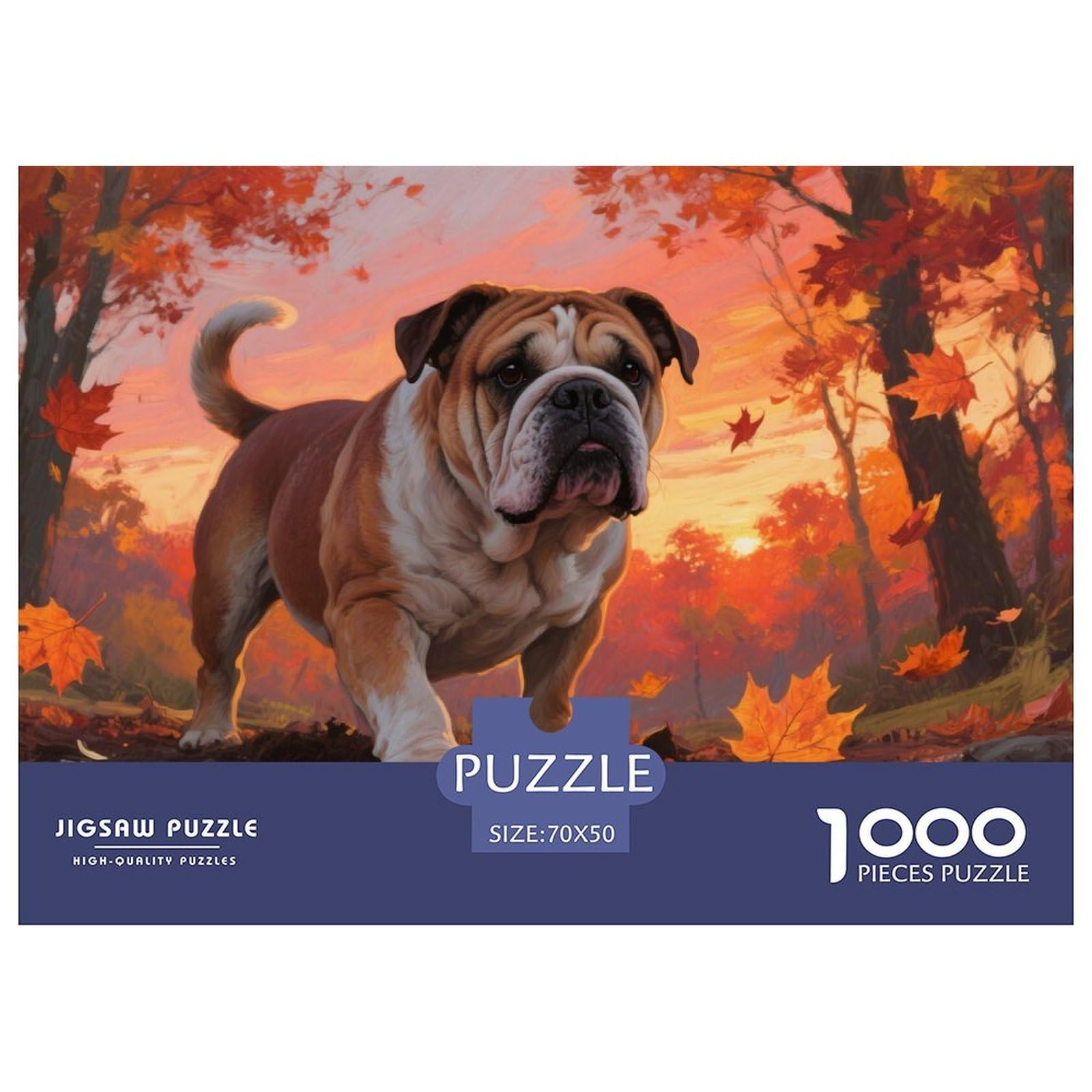 Jigsaw Puzzles Bulldog 1000 Piece Challenge Game for Adults,Autumn Forest Sunset Impossible Jigsaw Puzzle 1000 Piece Educational Games for Adults Or Families 70x50cm/1000pcs
