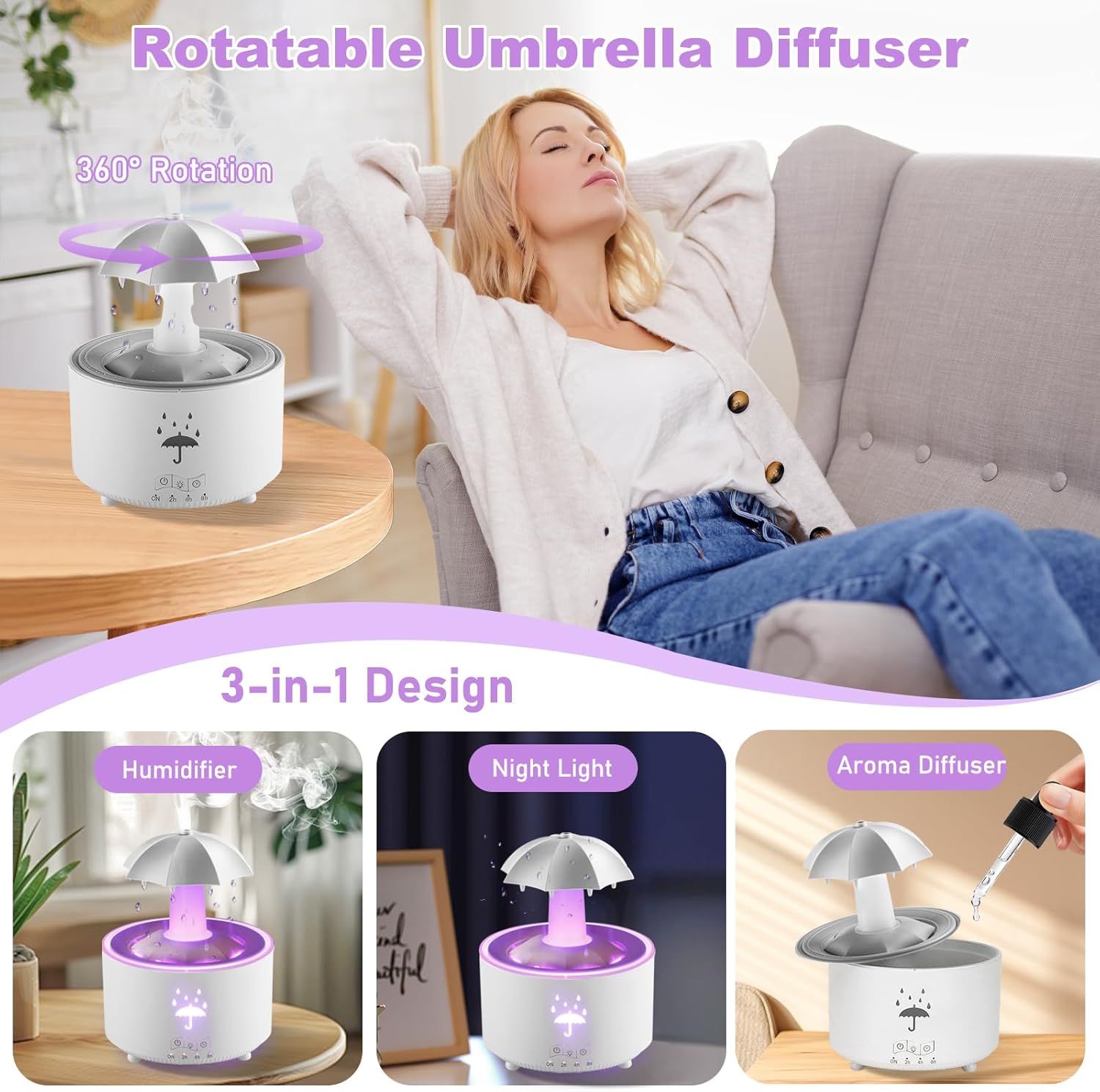 Humidifier for Bedroom, 7-Color Rotating Umbrella Diffuser with Rain Drop Effect, 300ML Small Humidifier Aroma Diffuser with Remote & Timer, Funny Rain Humidifier Gift for Kid Teen Women (White)