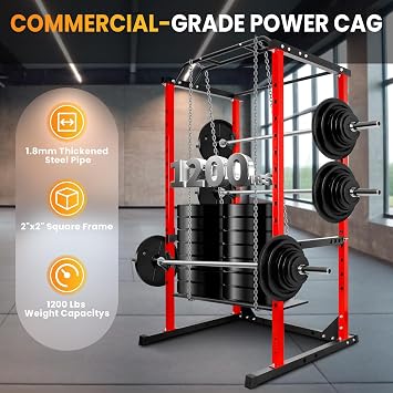 Adjustable Squat Rack,1200lbs Multi-Function Power Rack with Adjustable Cable Crossover System and More Training Attachment, Weight Cage for Home Gym, Red