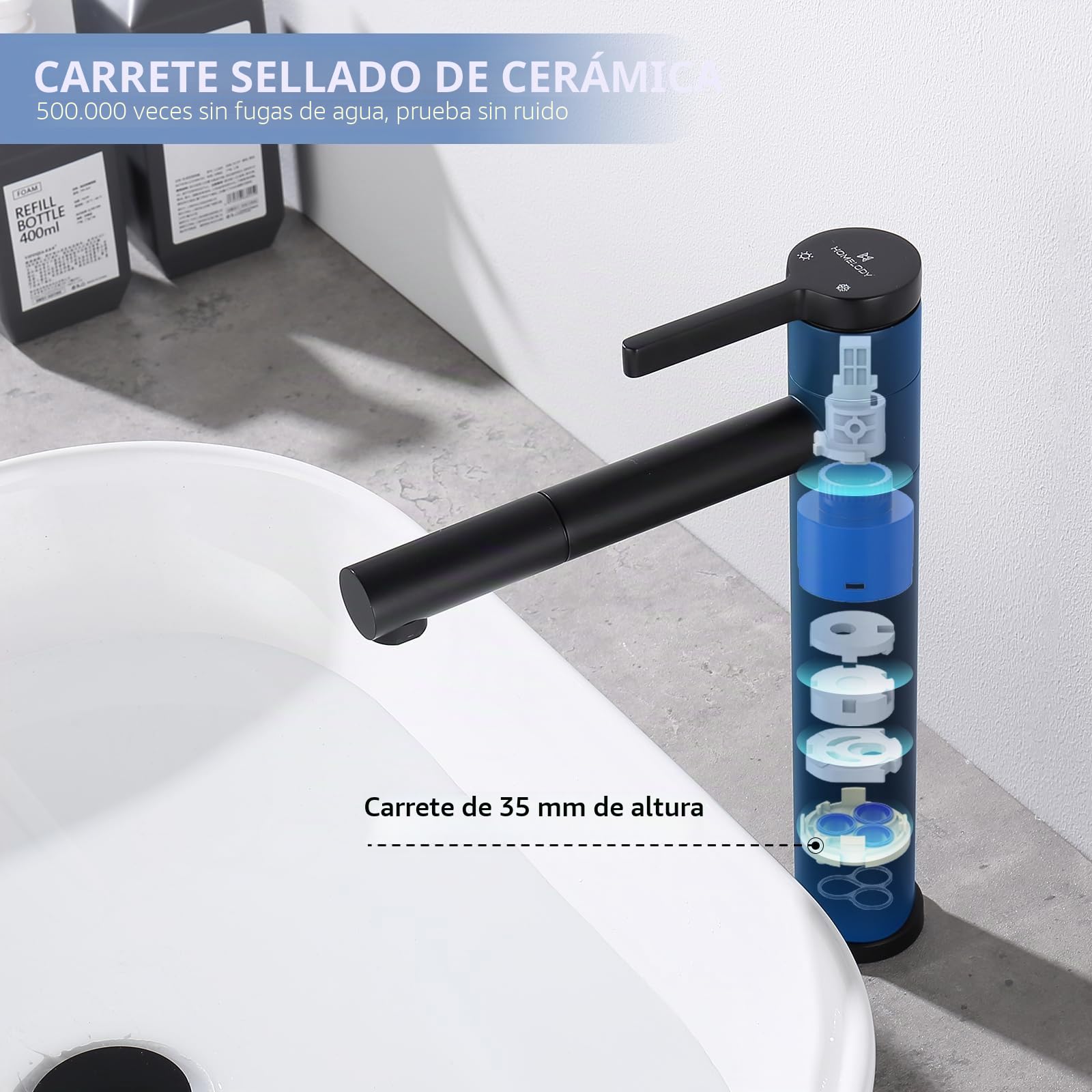 HOMELODY Grifo de baño negro alto con caño giratorio 360° y cuerpo – Grifo de acero inoxidable para baño con 215 mm de altura de caño – Fregadero monomando negro mate para lavabo superior