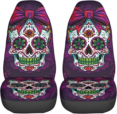 Foruidea Sugar Skull Car Seat Covers Universal 2 Pcs Auto Front Seat Cover Fit Most Cars,SUV,Sedan,Trucks