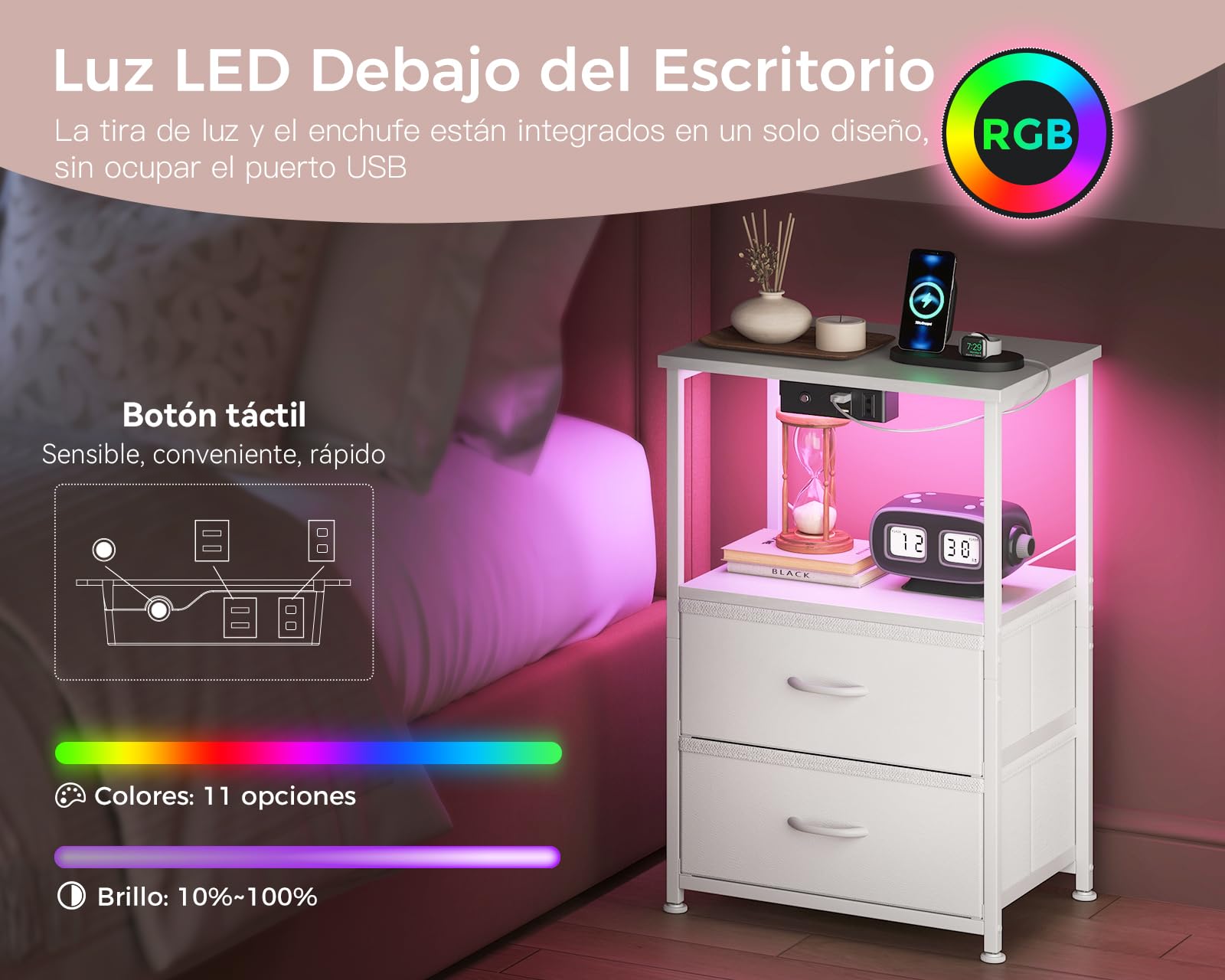 Coleshome Mesitas de Noche, con Enchufe, 2 Puertos USB y Tira de Luces LED, Mesita de Noche con 2 Cajones de Tela y 1 Espacio de Almacenamiento, 40 x 30 x 60 cm, 1 Paquete