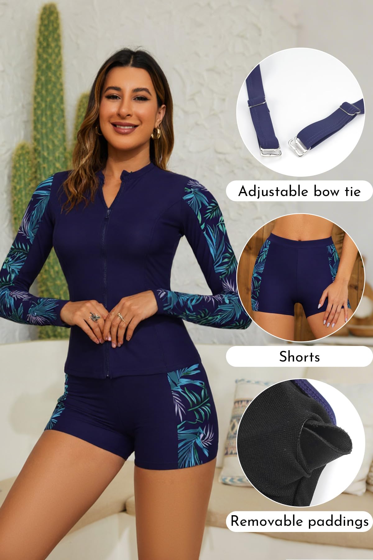 SHEKINI 3-teiliges Damen Rash Guard Tankini Set, Langarm Schwimmshirt mit Reißverschluss, Bikinioberteil, Badeshorts