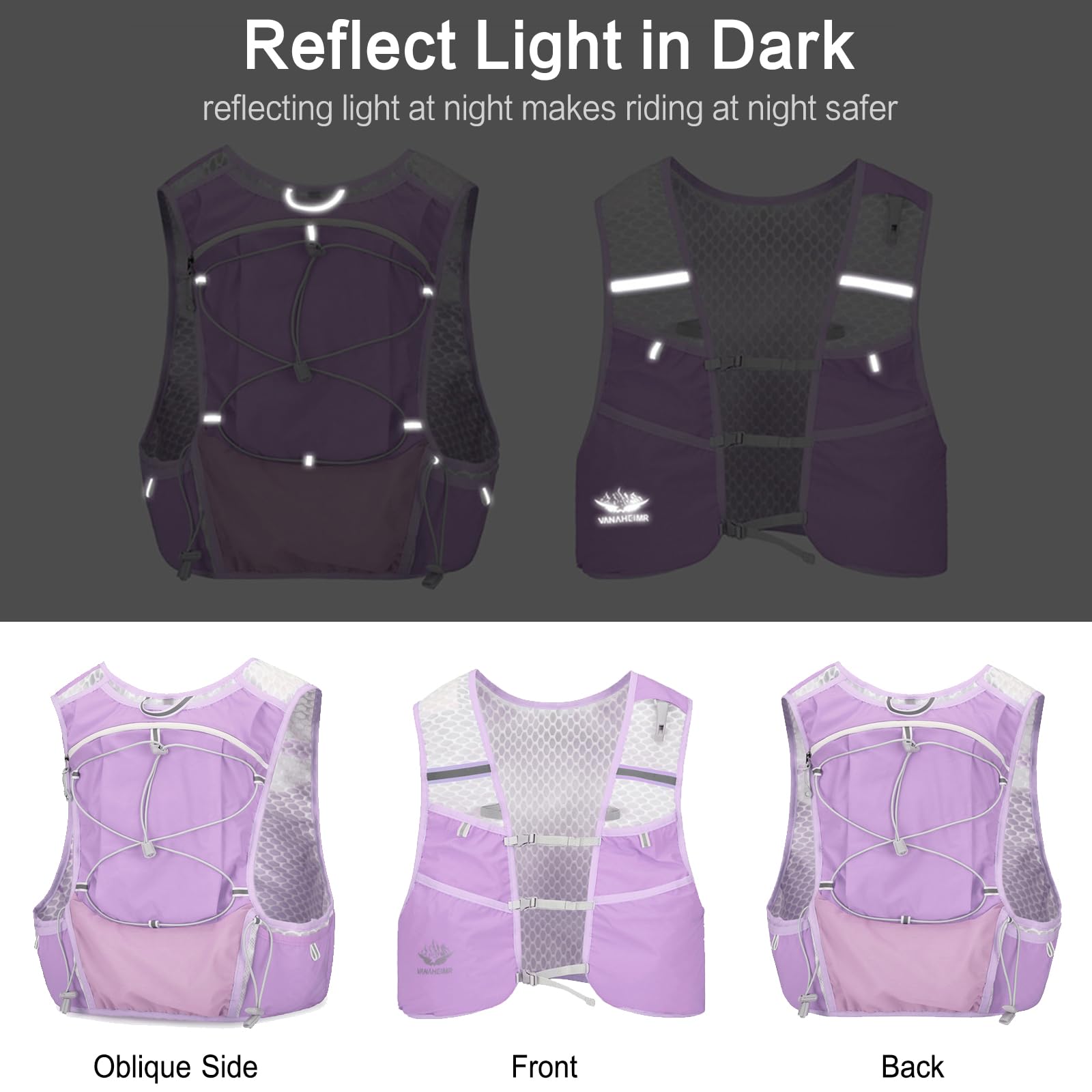 Gilet de Course 5L Léger Gilet Hydratation Réfléchissant Sac à Dos Respirant Sac à Dos d'Hydratation Ajustable pour Hommes Femmes Trail Running Marathon Violet