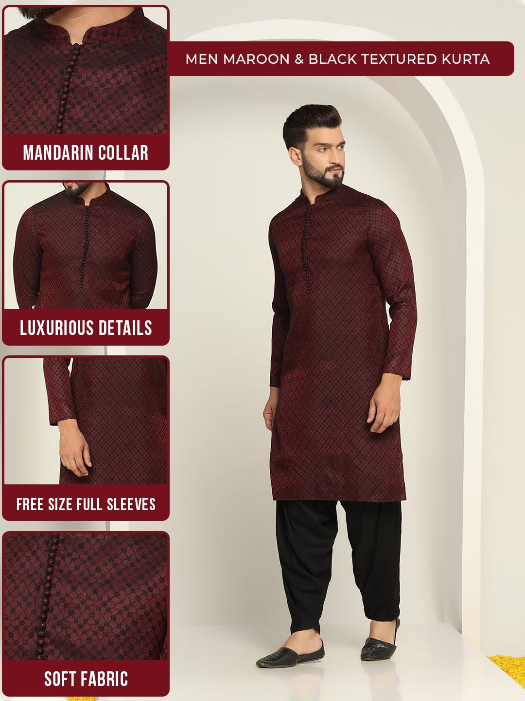 Kisah Mens Printed Silk Blend Jacquard Kurta - Traditional Ethnic Wear Kurta For Men For Weddings & Festivals, Maroon, 42