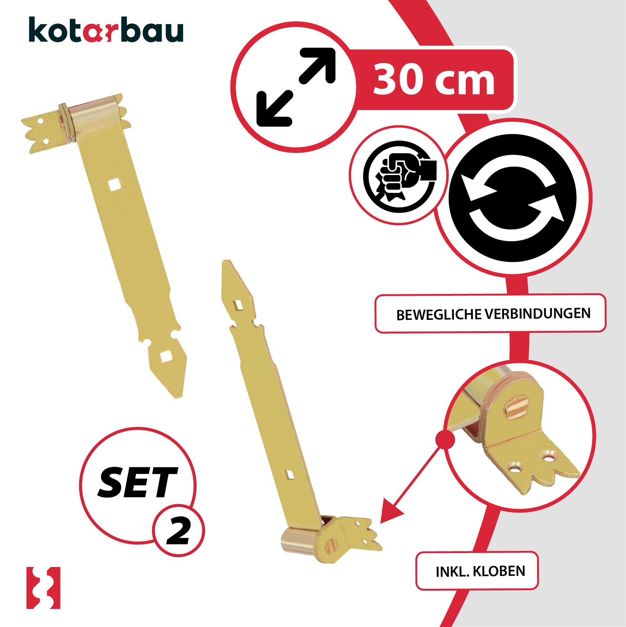 KOTARBAU® Lot de 2 charnières de portail avec gonds - 300 mm - Ferrure de porte - En acier inoxydable - Galvanisé - Jaune