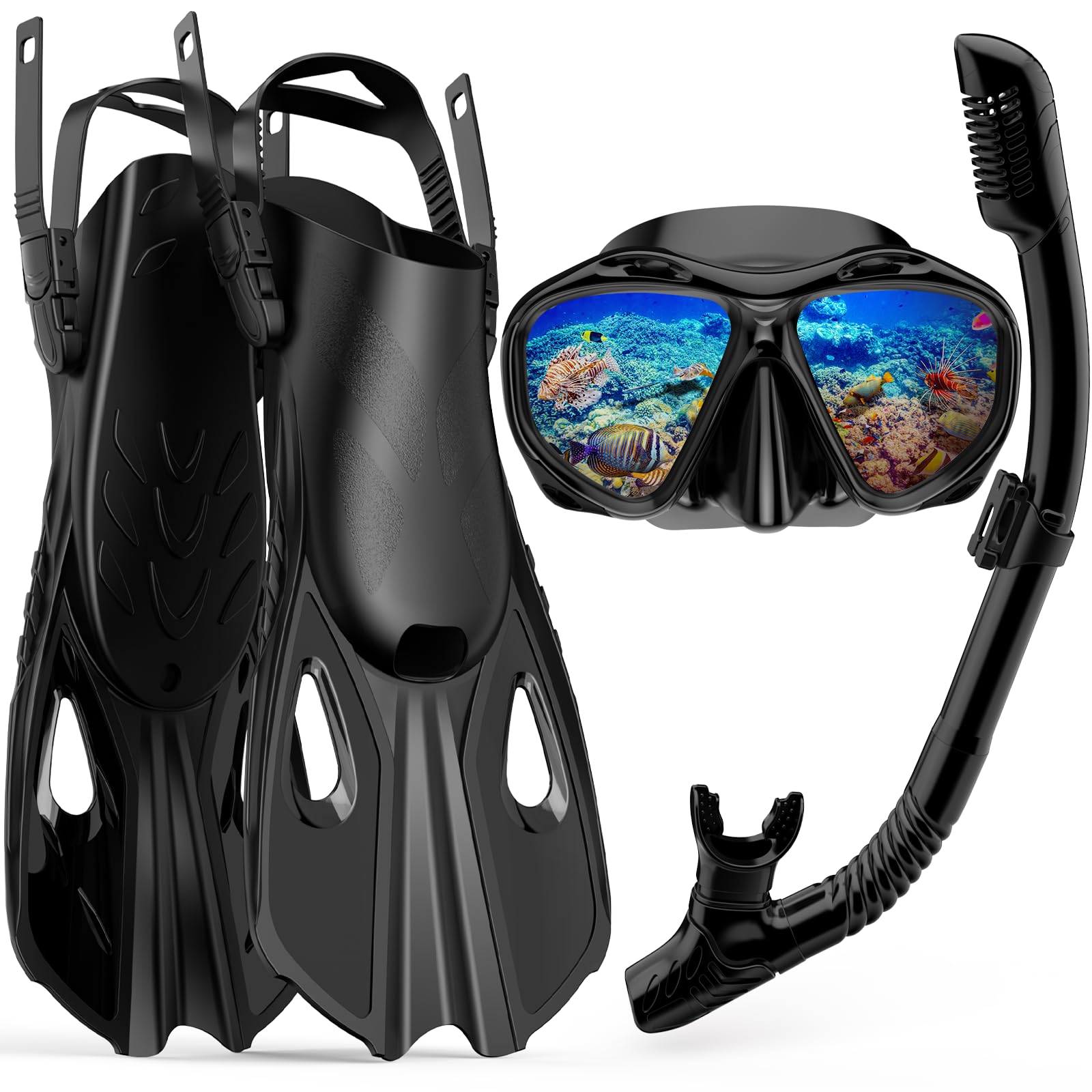 Snorkeling Gear for Adults Men Women, 3 in 1 Snorkel Set with Panoramic View Diving Mask Anti-Fog Anti-Leak, Snorkel Mask Dry Top Snorkel Fins for