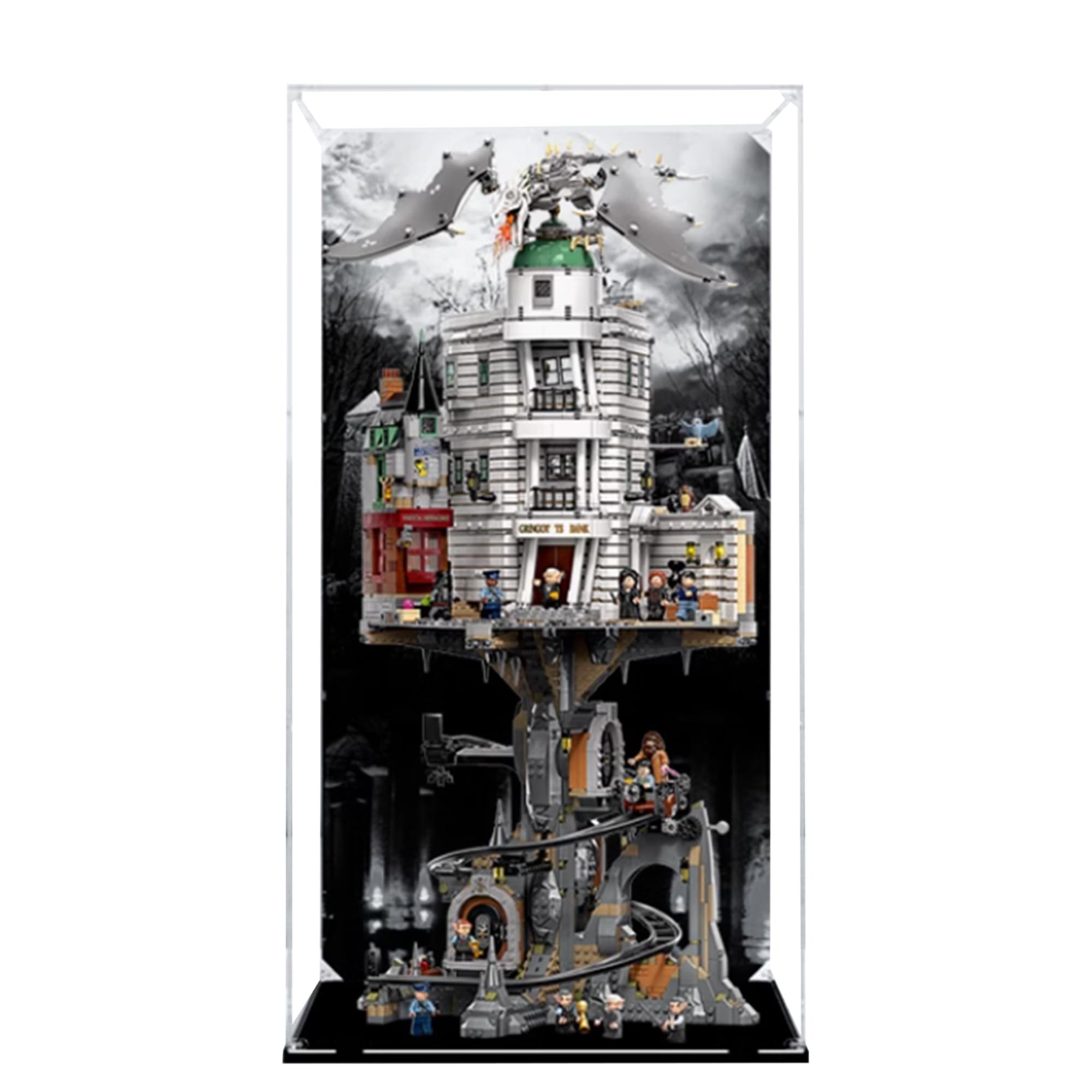 QIXINDGYH Acrylic Display Case for Lego 76417 Gringotts Wizarding Bank, Clear, Dust-Proof, Black Base