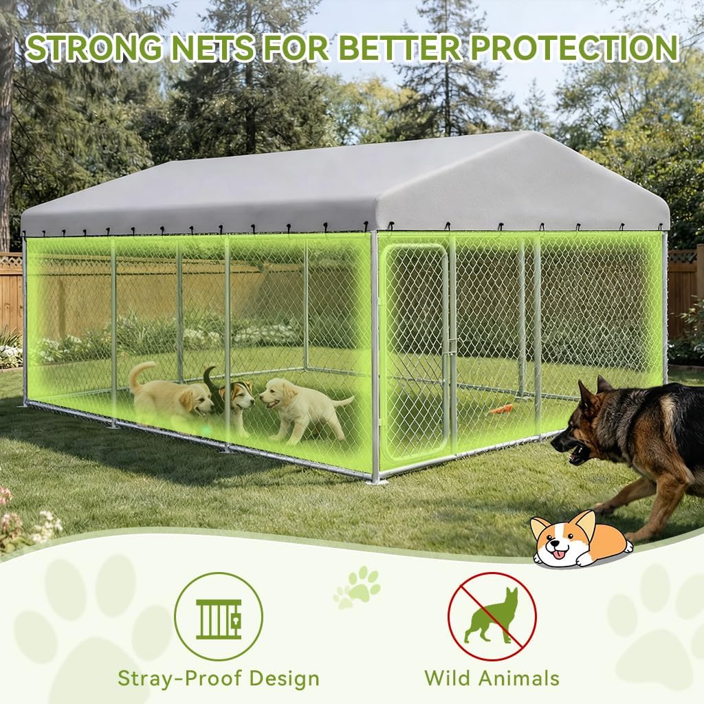 COMHOMA 11.5×14.8FT Outdoor Dog Kennel with Roof,Heavy Duty Metal Dog Enclosure with Weather-Resistant Cover & Secure Lock for Medium Large Dogs