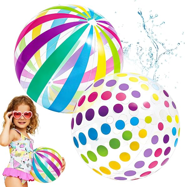Lot de 2 ballons gonflables multicolores de 40 cm - Jouet aquatique gonflable pour enfants et bébés - Enfants amusants pour piscine, plage et extérieur - Doux - 1