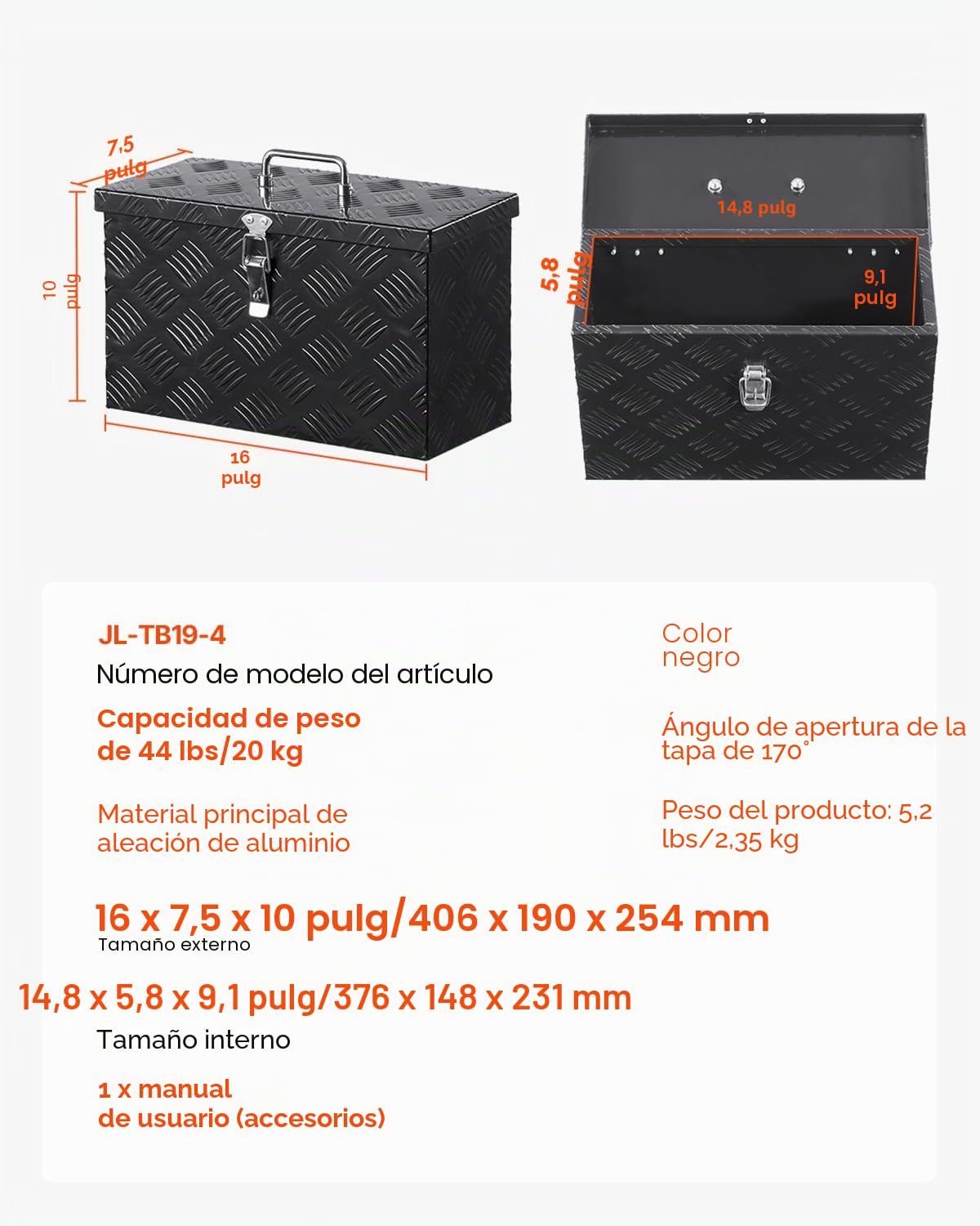 VEVOR Caja de Herramientas de Aluminio Resistente a Caja de Camioneta, con Diseño a Rayas, Asa Lateral y Superior, para Remolque, Camioneta, Autocaravana, 406 x 190 x 254 mm, Negro, Carga 20 kg