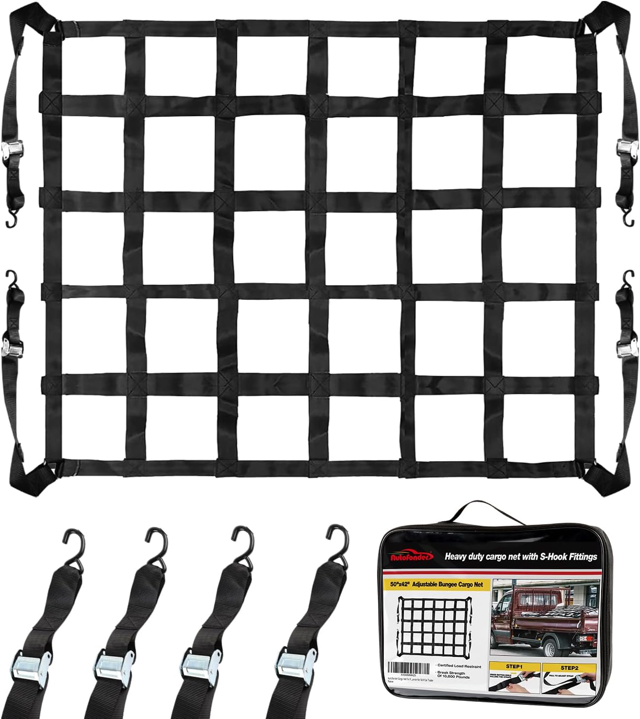 Cargo Net for Pickup Truck Bed Adjustable 42"x50" Truck Bed Cargo Netting with S-Hook Fittings 2” Wide Heavy Duty Small Trunk Net Automotive Carrier for SUV Car Trailer