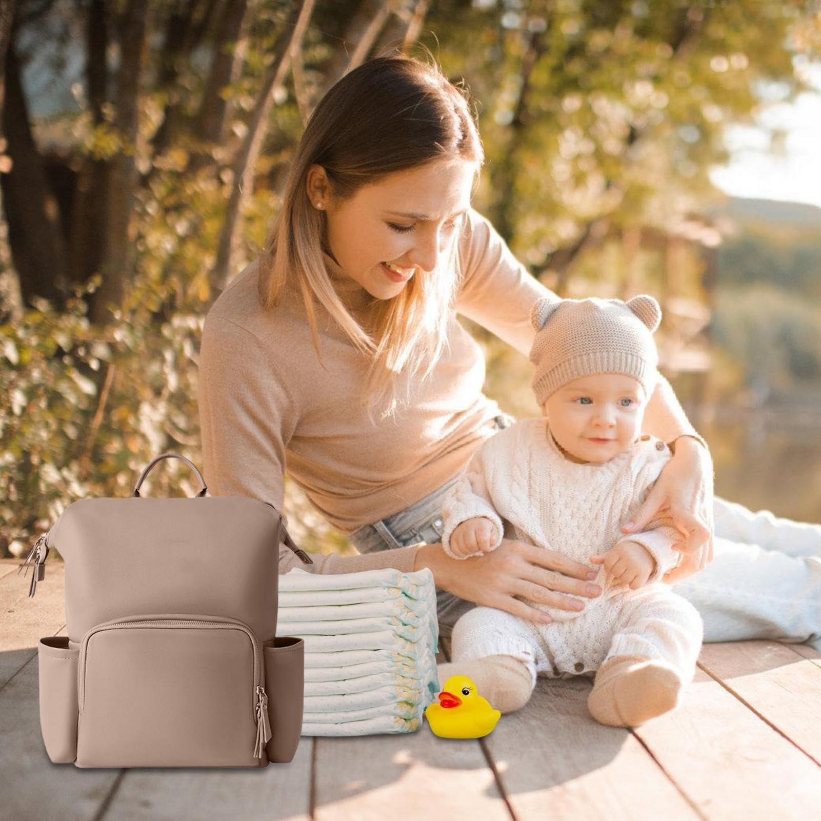 Mochila de cuero para pañales, bolsa de piel sintética para niños, 16.14 x 13.78 x 7.87 pulgadas, mochila de viaje impermeable multifunción, elegantes bolsas para mamá, uso diario, gran almacenamiento