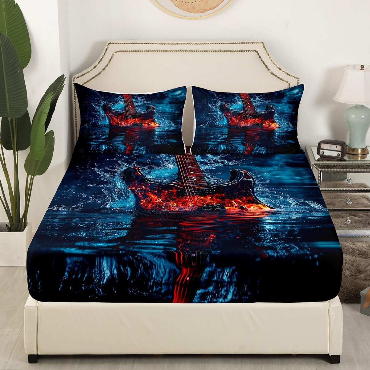 3D Guitar Fitted Sheet Queen Size Fire and Ice Bedding Set Music Sheet Set,Rock Bed Cover Ultra Soft Breathable Bedding 3 Pcs for Kids Teens Boys