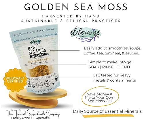 Miniatura 2 de Elderwise - Musgo marino crudo | Seamoss hace 20 onzas de gel, musgo marino dorado silvestre | crudo | secado al sol | rico en minerales y vitaminas