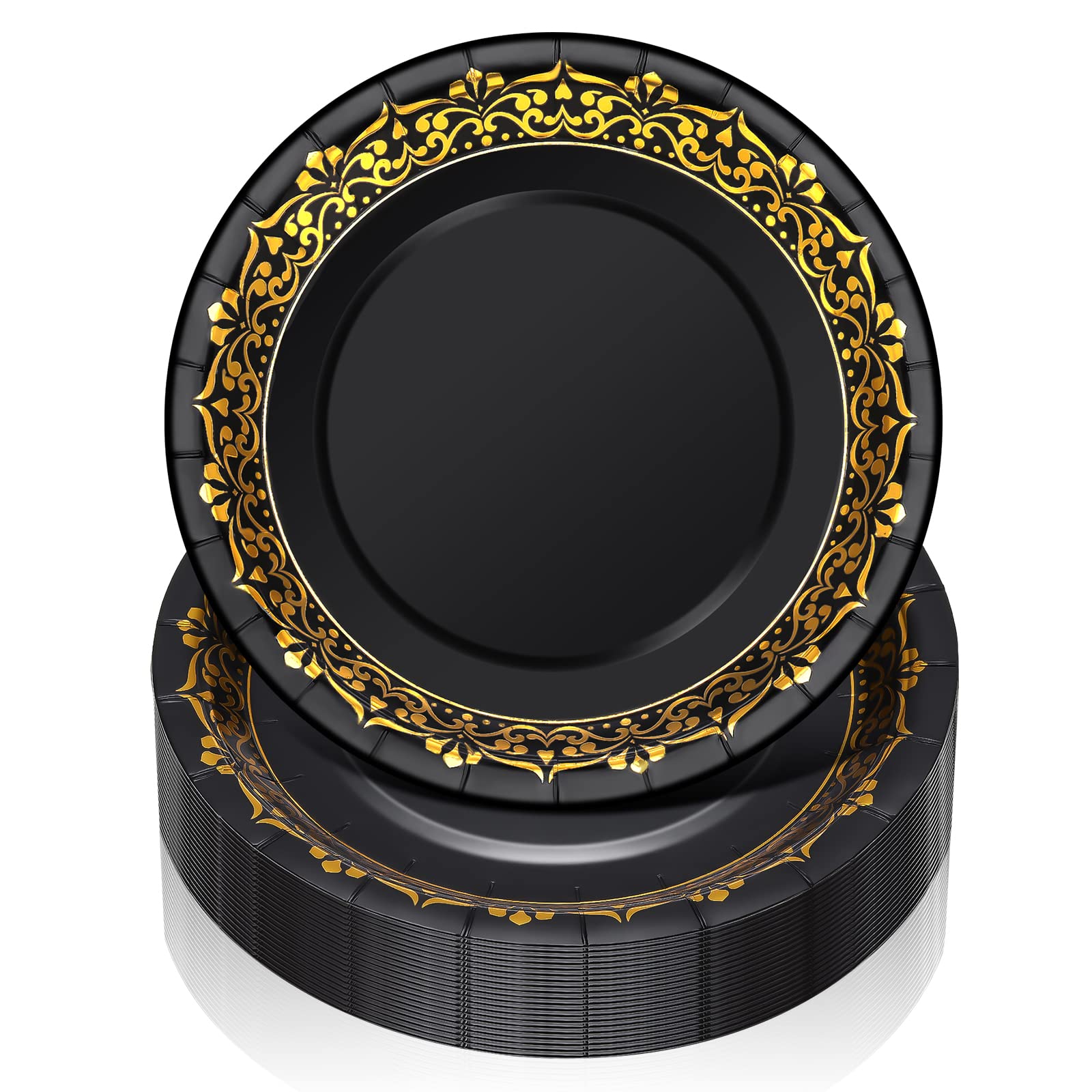 Gerrii 100 Pieces Black and Gold Paper Plates 10" Black Disposable Plates with Gold Rim Fancy Dinner Dessert Cake Plate for Guests Wedding Anniversary