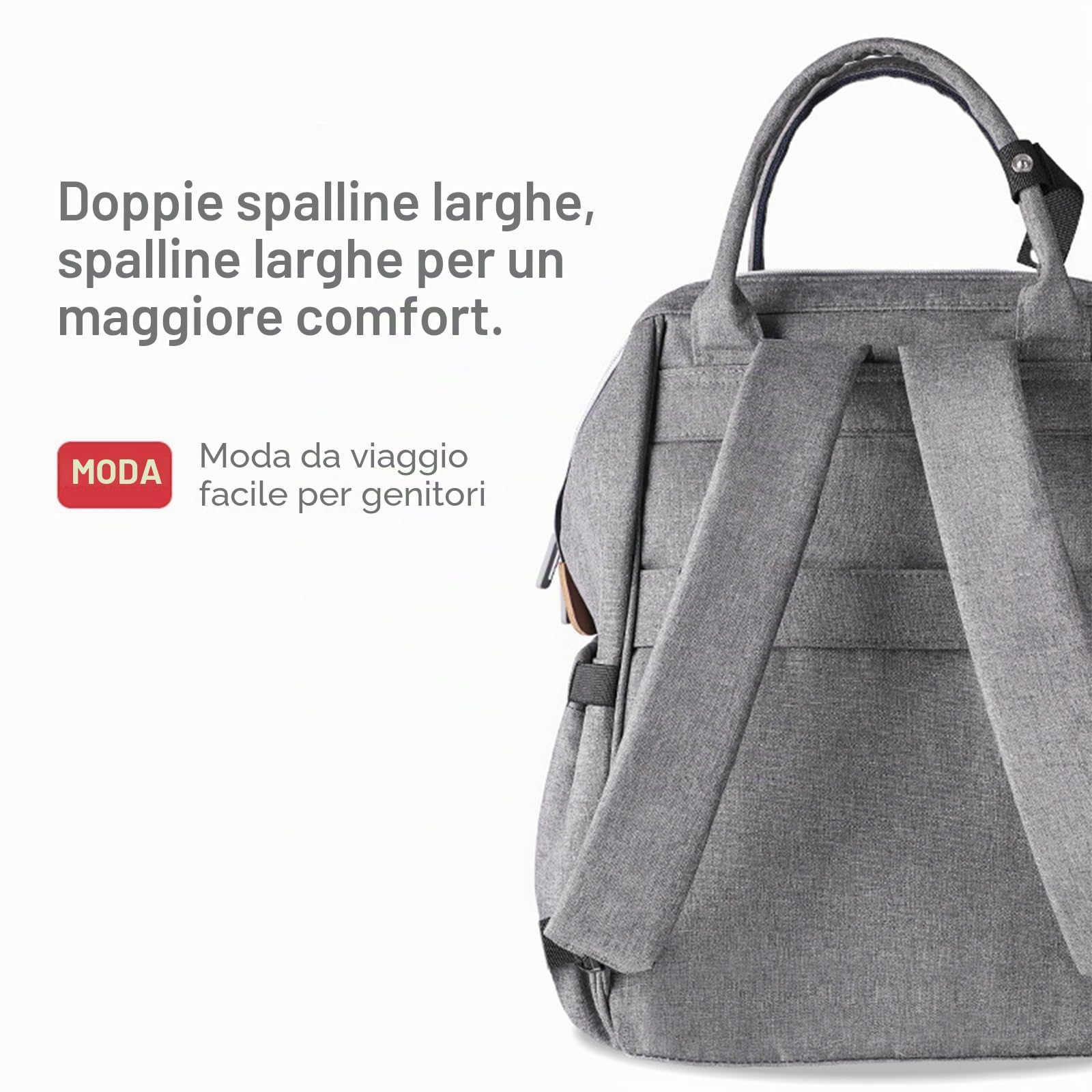Zaino per pannolini, multifunzionale, grande capacità, borsa da viaggio, con borsa termica, tracolla regolabile, zaino con 2 cinghie per passeggino (grigio), grigio., Große Kapazität