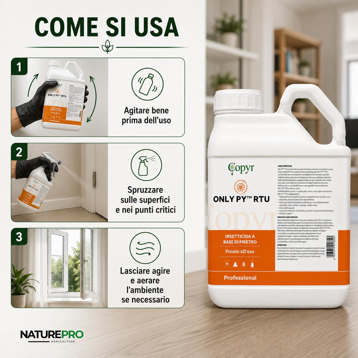 NaturePro - Only Py 5L – Insetticida-Acaricida Naturale Anti-Zanzare, Mosche, Scarafaggi - Pronto all’Uso a Base di Piretro. Ambienti interni ed esterni di casa. Azione rapida e abbattente.