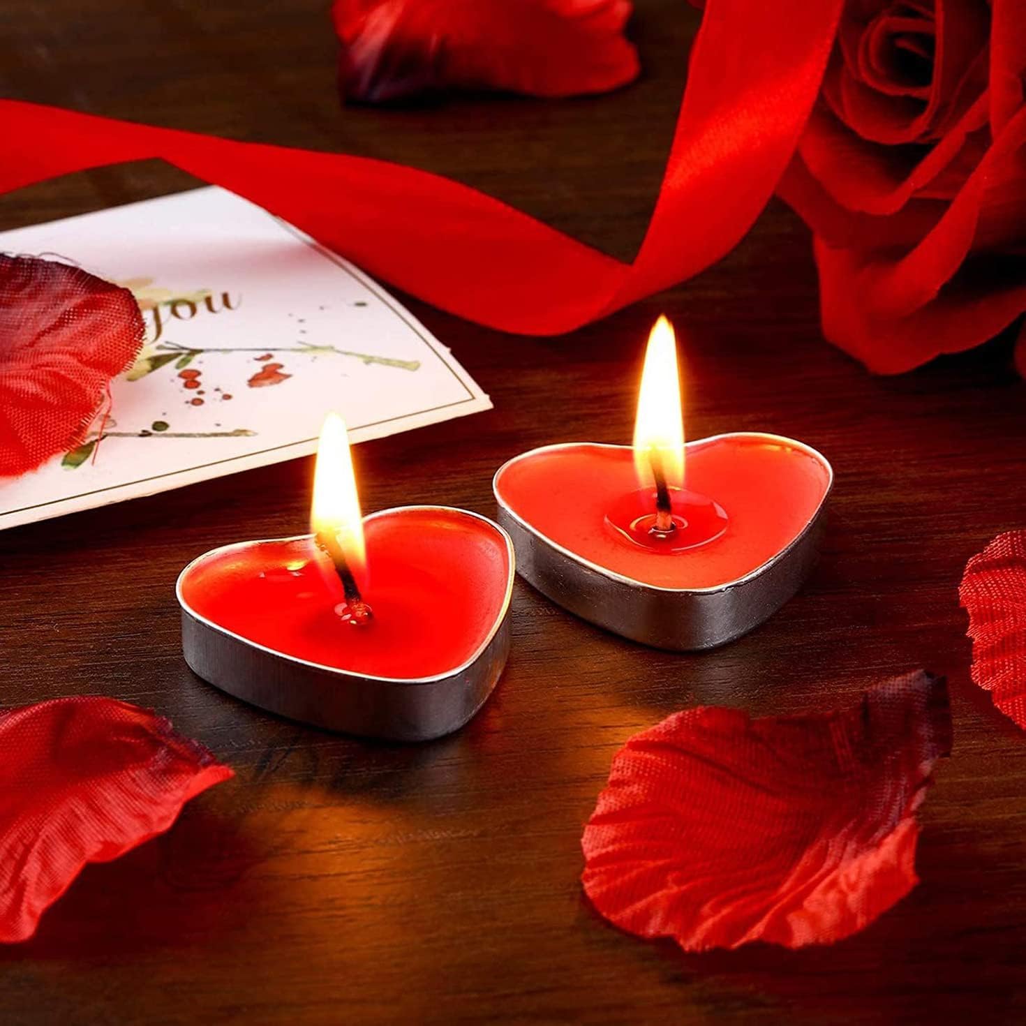 Flycppo 50 Love Heart Candles,Red Heart Shaped Tea Lights Romantic,Smoke Free Valentines Day Candles for Dinners,Home,Wedding,Party,Christmas(Red) - Image 3