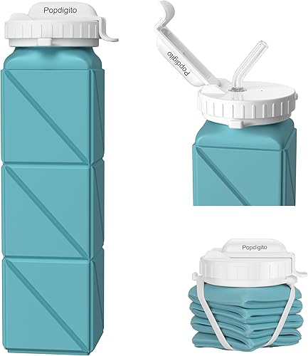 Popdigito Botellas de agua plegables de 20.7 onzas, botella de agua plegable a prueba de fugas con tapa de pajilla, de silicona de grado