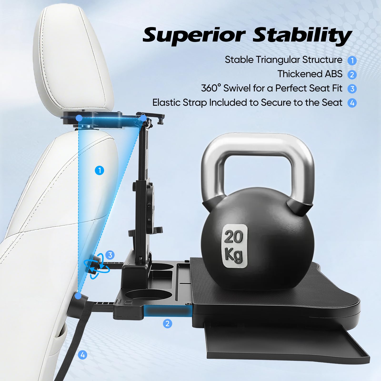 Bandeja para Asiento de Auto 20kg, Mesa de Asiento Trasero para Coche, Escritorio Giratorio de 360° con Respaldo, Portavasos, Multifuncional Coche para Comer
