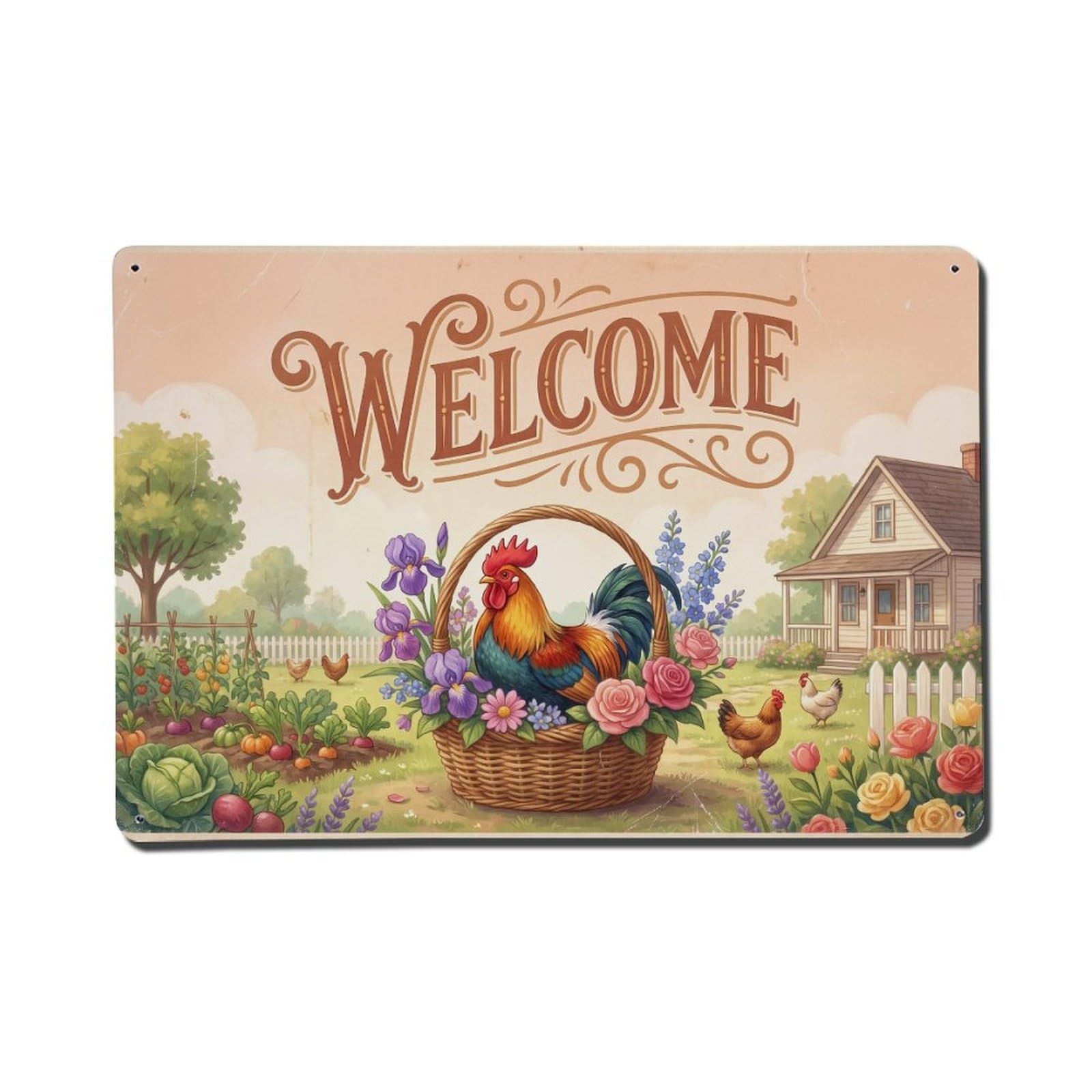 Vintage Welcome Rooster Flower Basket Metal Tin Sign