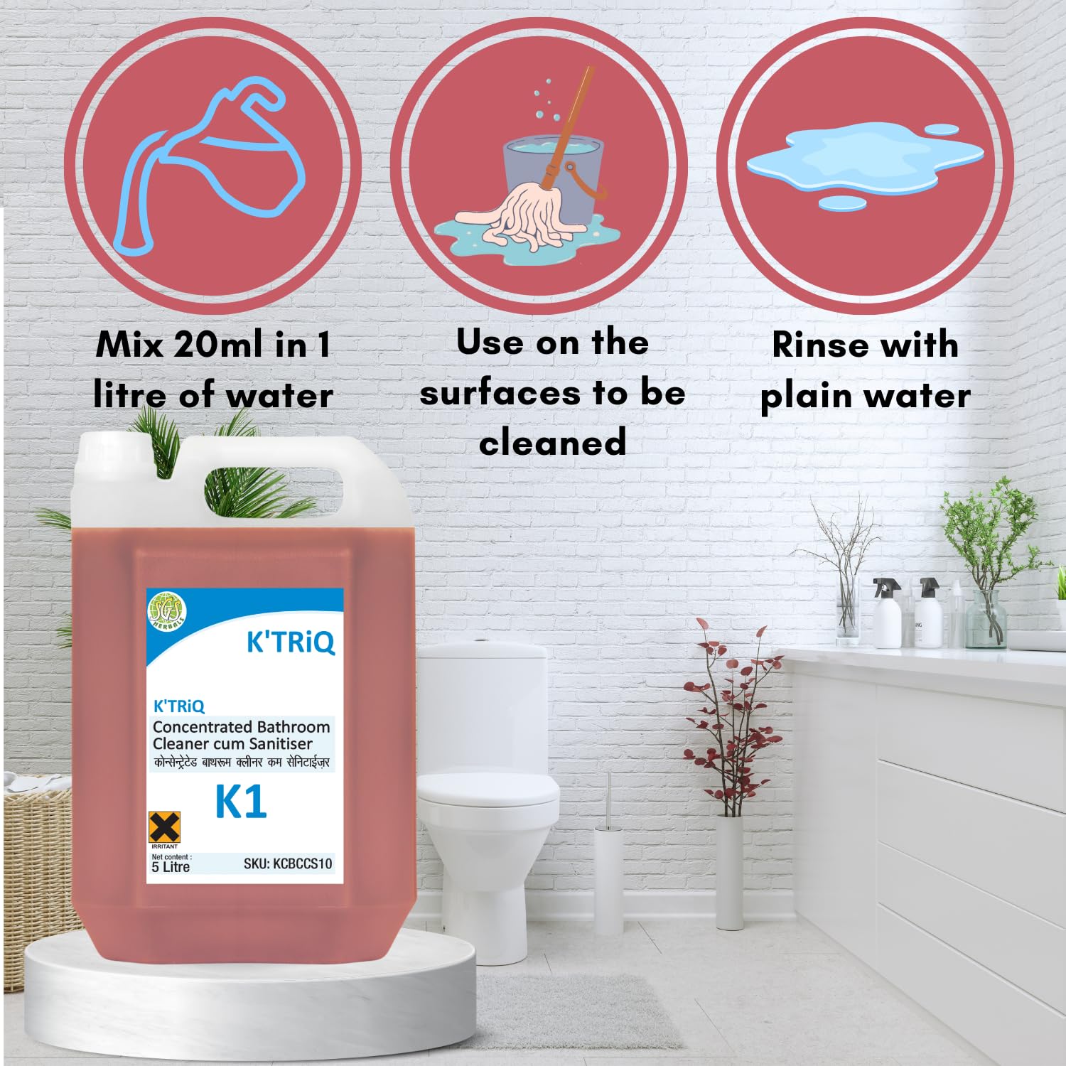 K'TRiQ K-1 Bathroom Cleaner Concentrate | Limescale Remover Suitable for Tap, Shower, Sink & Bathroom Tiles | Removes 99.9% Germs(5 Litre, Pack of 1) 1