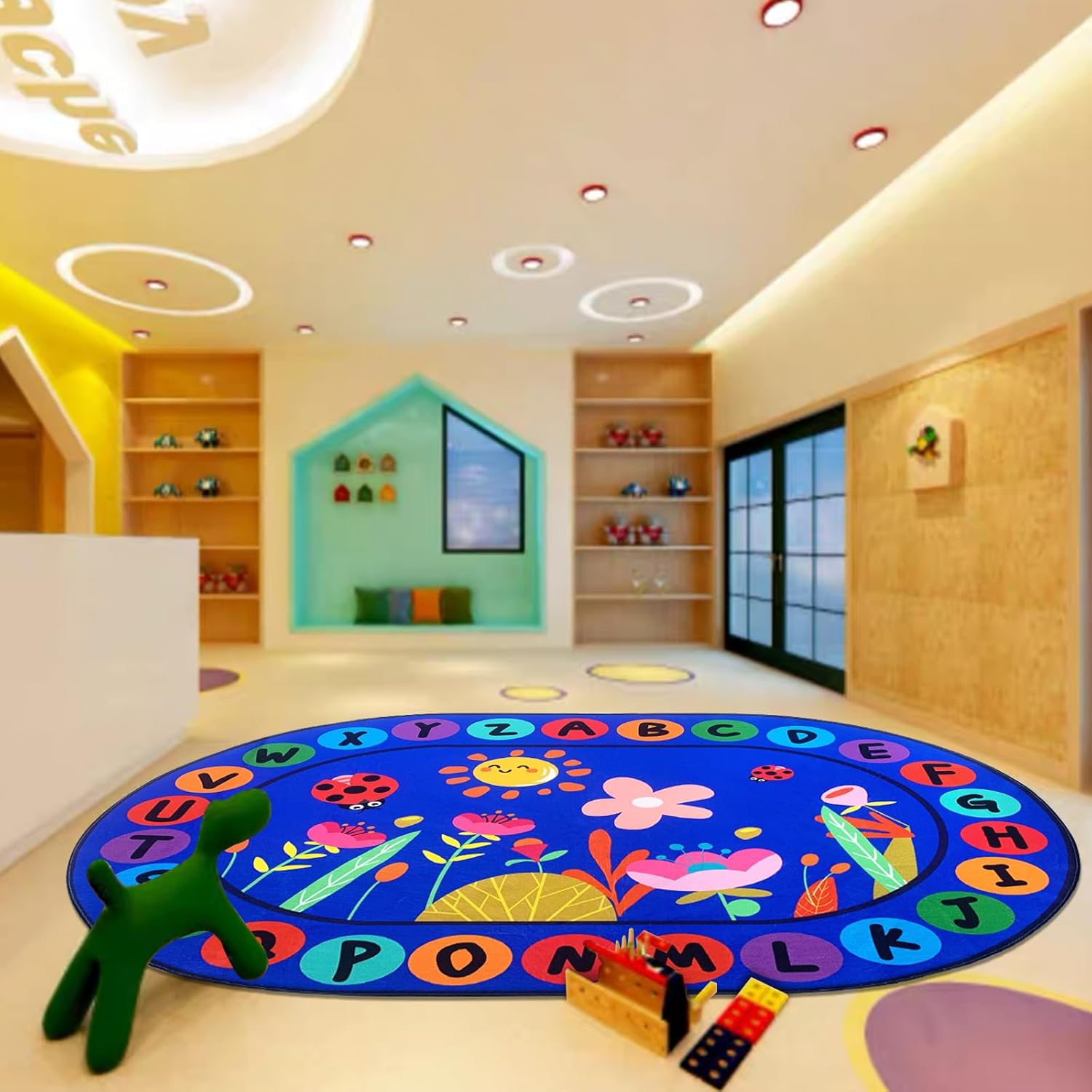USTIDE Large Oval Educational Kids Rug 5x7,ABC Alphabet Flowers Educational & Fun Classroom Rug Non-Slip Play Mat Learning Area Rug for Bedroom Playroom Decor