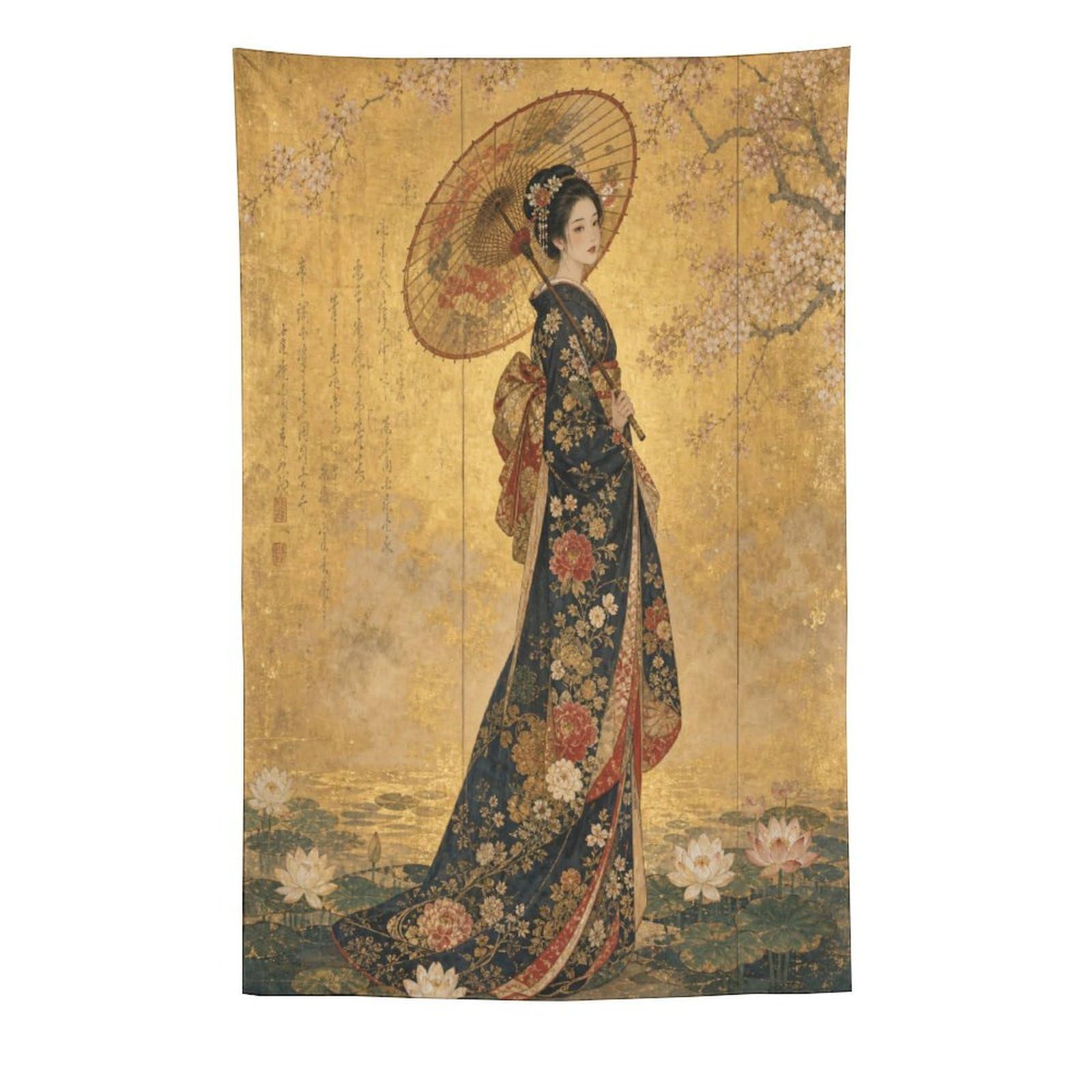 W7C8U2X3 Woman in Floral Kimono Wall Tapestry, Ukiyo-e Style, Japanese Art