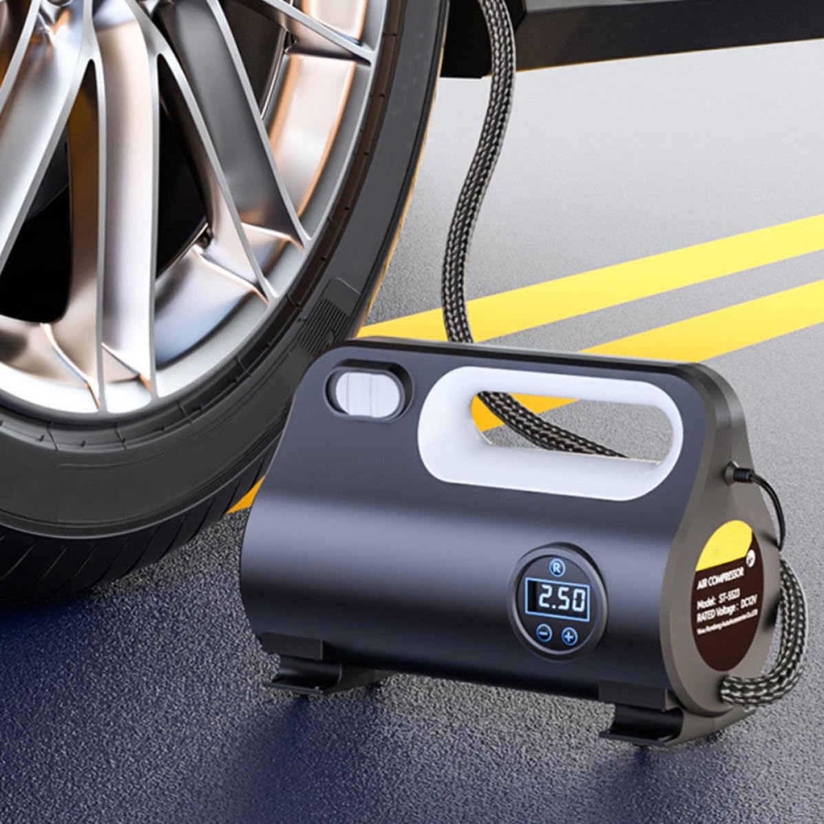 HOMSFOU Compresor de Aire Portátil para Coche y Bicicleta Pantalla Digital, Bomba de Neumáticos 120w Dc12v, Material Abs, Inflador Multifunción para Uso en Carretera