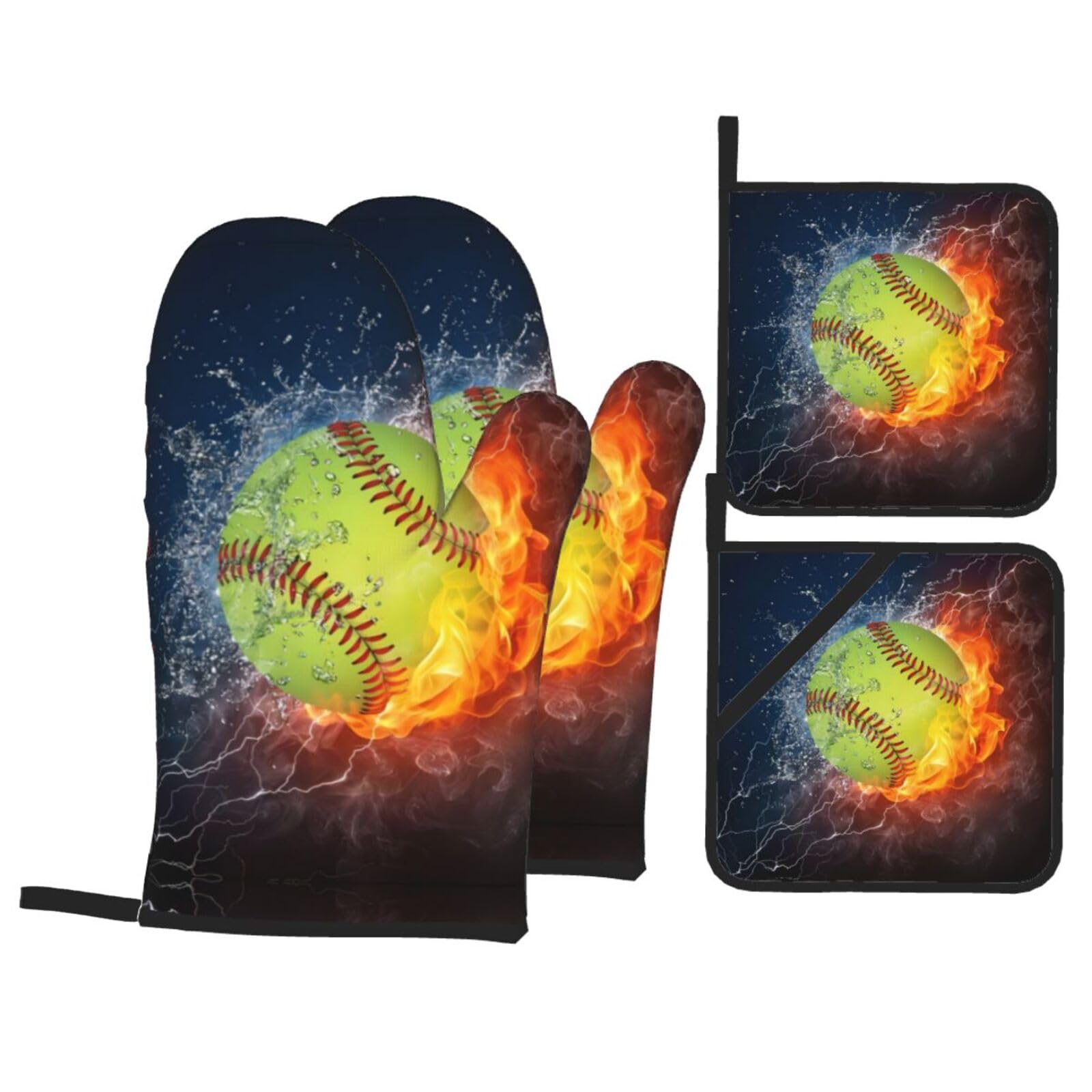 Softball Printed Baking 4-Piece Set, includes oven mitts and a heat-resistant mat, suitable for oven and BBQ use