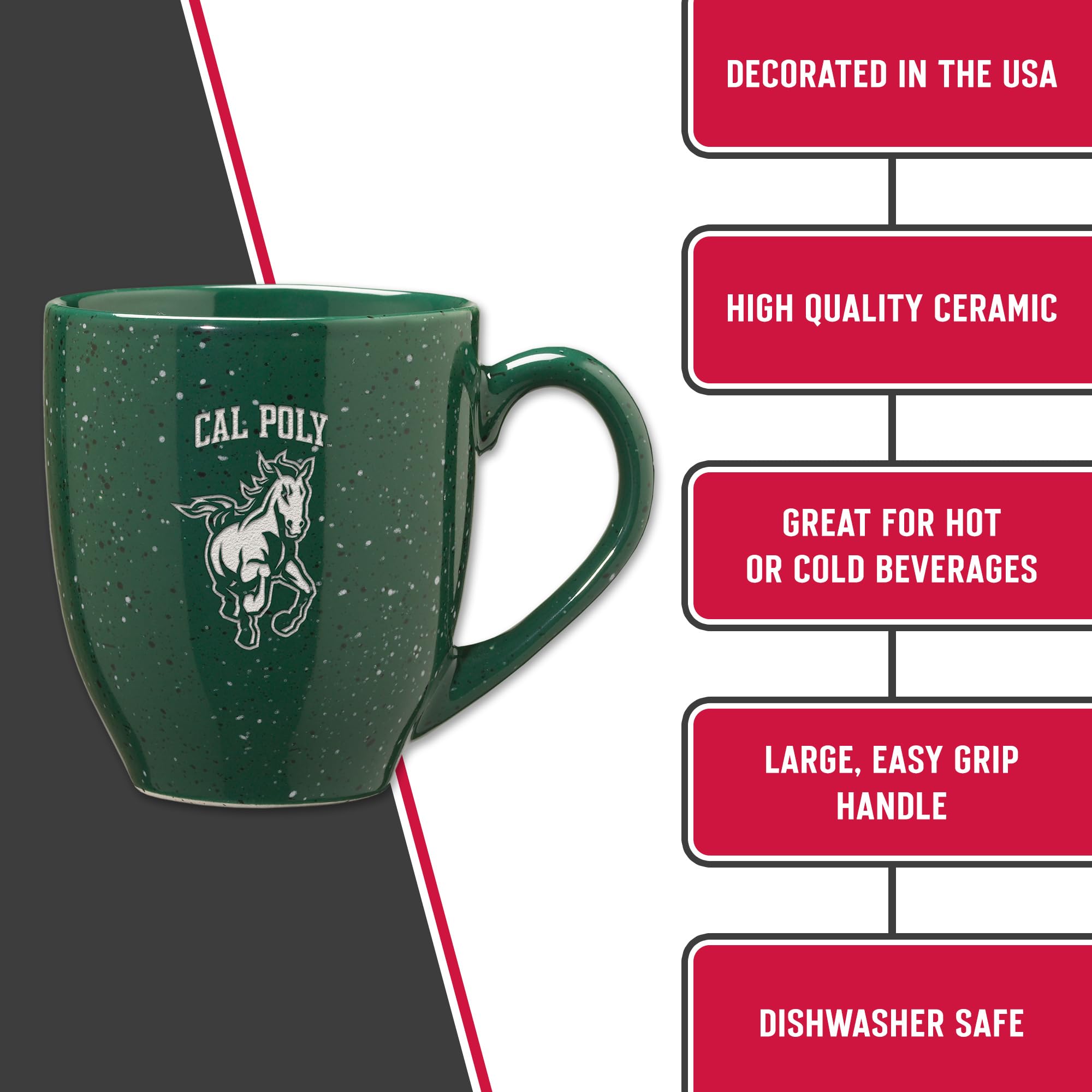 Rico Industries NCAA Cal Poly Mustangs - Taza de café de cerámica moteada grabada con láser, color verde, 16 onzas