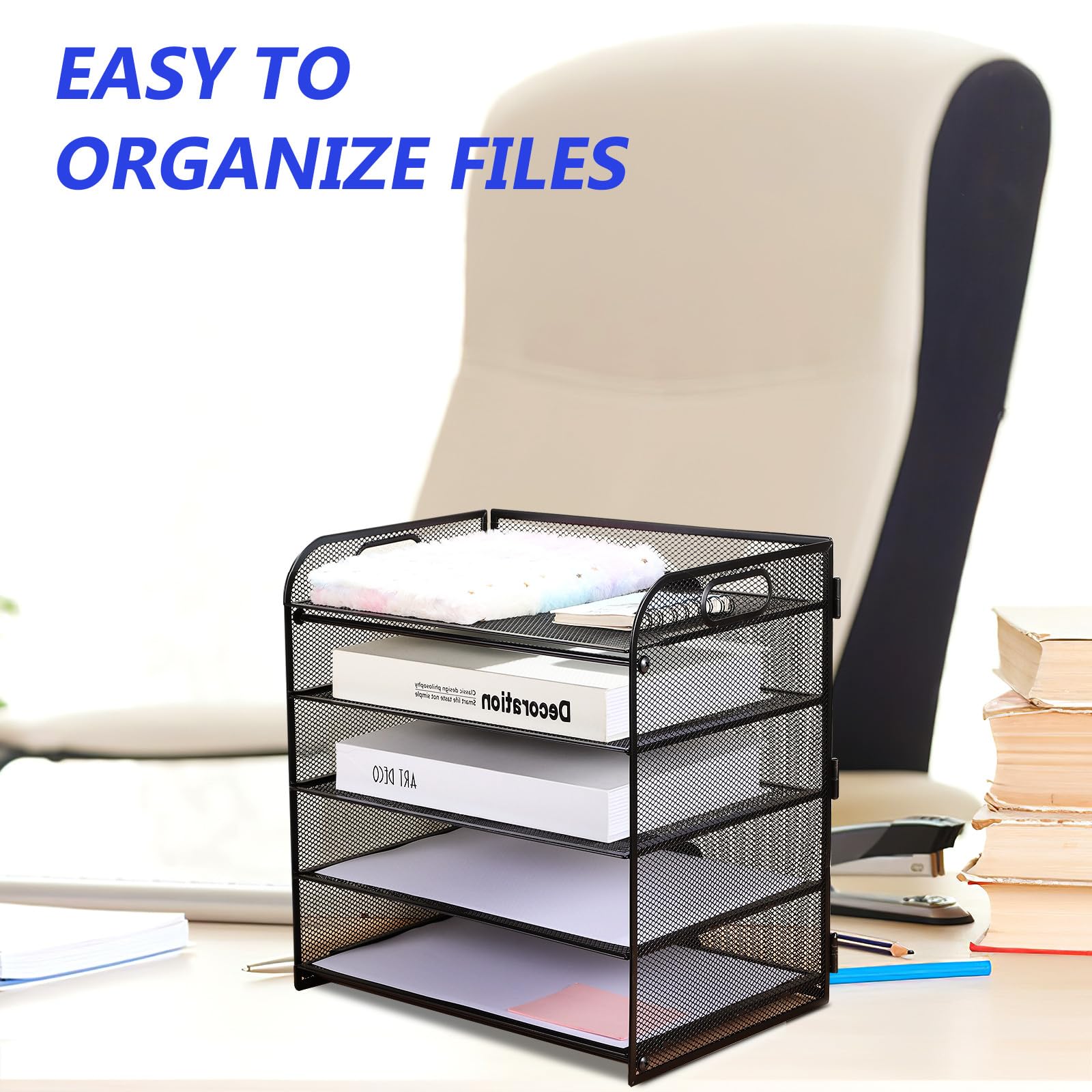 INOOMP Organizer per Scrivania in Acciaio al Carbonio Nero a 5 Livelli Rete, Porta Documenti da Tavolo Facile da Usare per Ufficio e Desktop