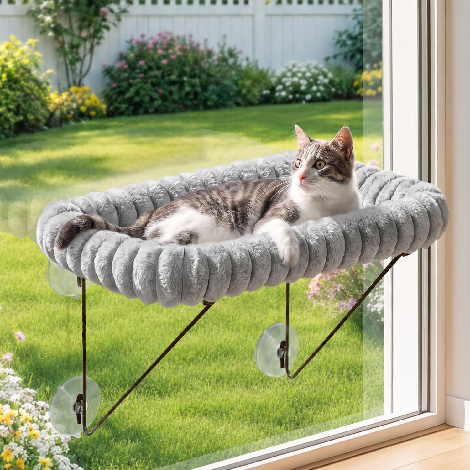 Zakkart Cat Window Perch, 100% Metal Supported from Below (Gray Stripped)