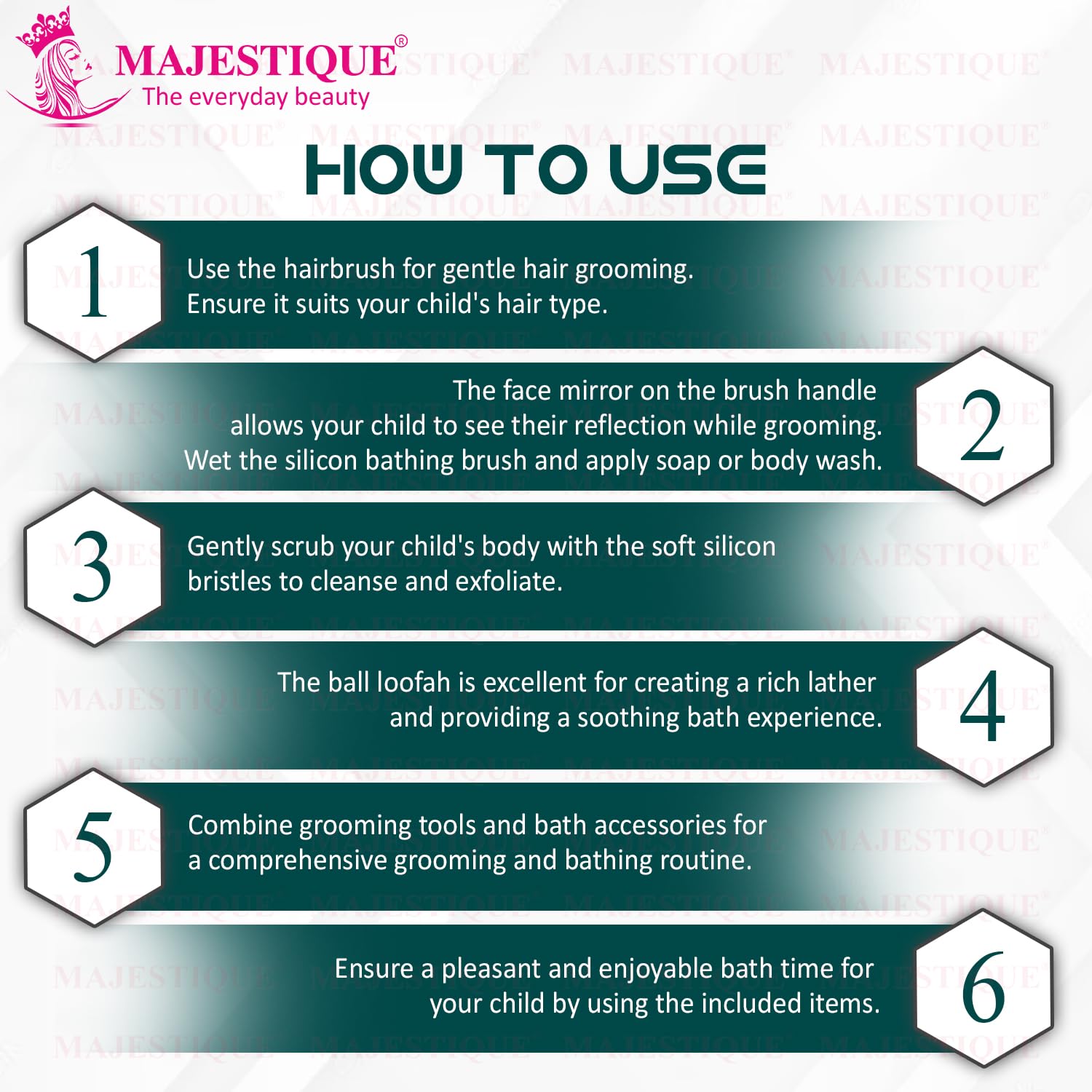 MAJESTIQUE Baby Healthcare And Grooming Kit, Hair Brush, Comb, Face Mirror, Soft Loofah With Silicon Bathing Shampoo Dispenser, Baby Essentials Nursery Care Kit For Kids (Pack Of 6),Multicolor 1