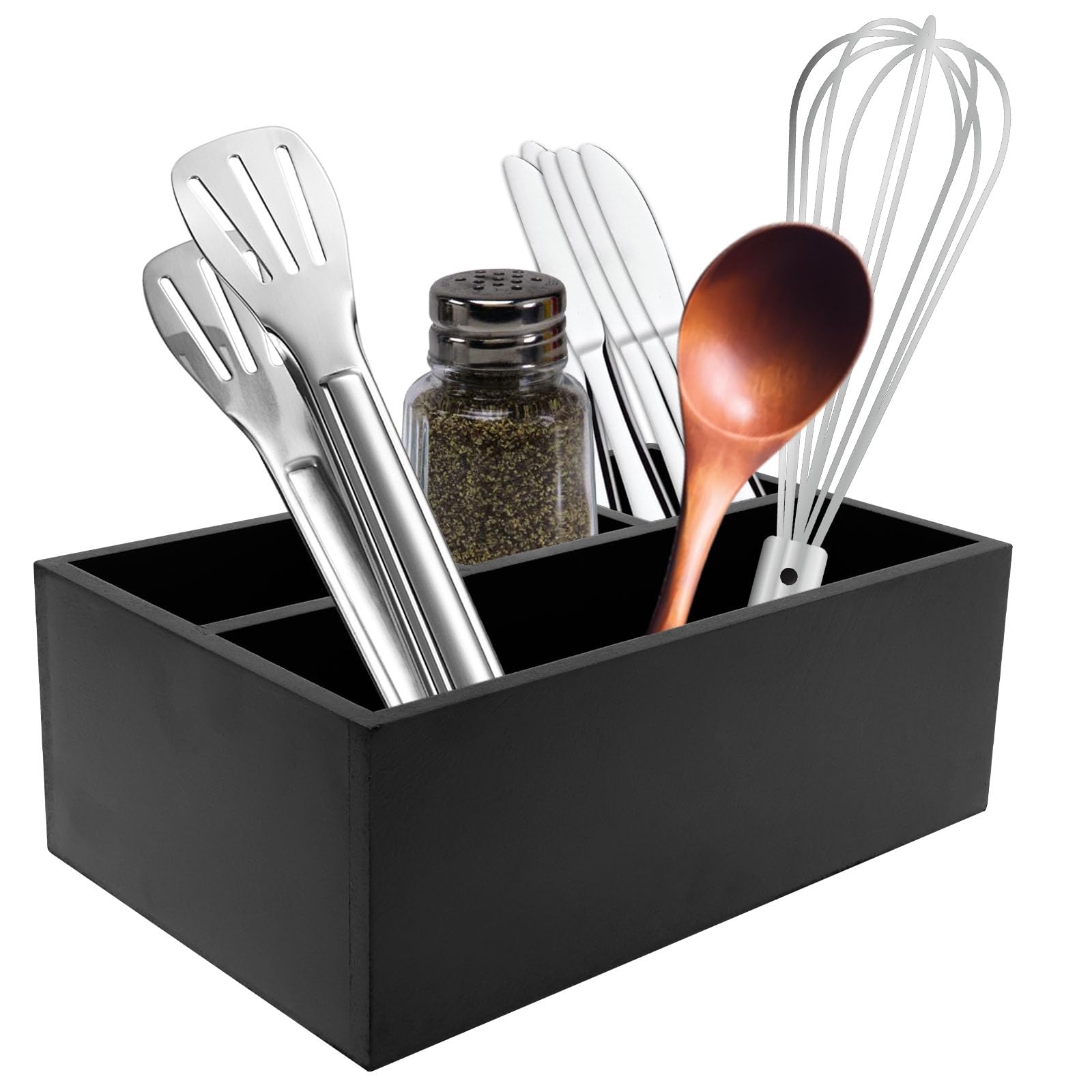 Cbwerbb Kitchen Utensils Holder, Kitchen Cooking Utensil Organizer With 4 Compartment, Farmhouse Utensil Organiser Cutlery Caddy, Multipurpose Wooden Cooking Tools Storage For Countertop