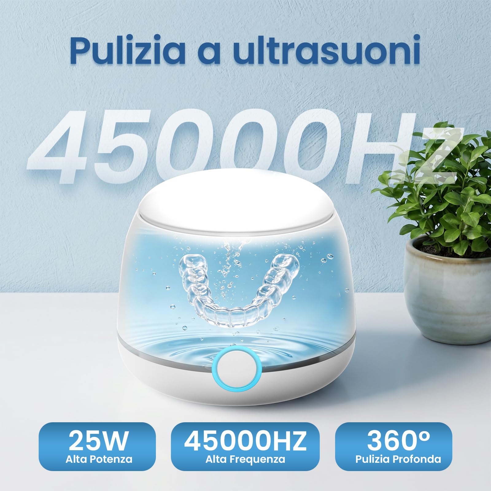 Pulitore Ultrasuoni, U-VKK pulitore ultrasuoni apparecchio denti da 45000 Hz, 2 modalità, Adatto per la pulizia di apparecchi ortodontici, testine di spazzolini da denti, gioielli, ecc