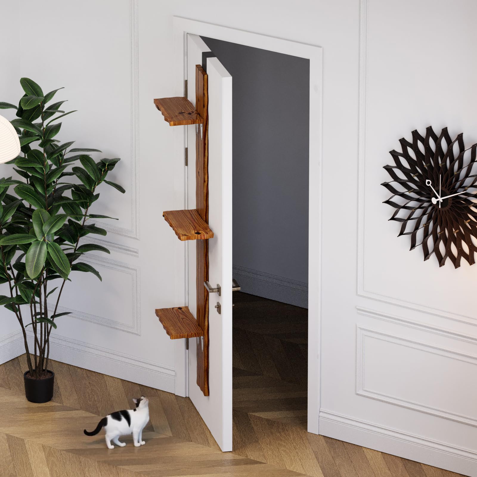 QLS Katzenleiter aus Kiefernholz Katzentreppe Türmontage 3 Stufen 180 cm DEKO geflammt