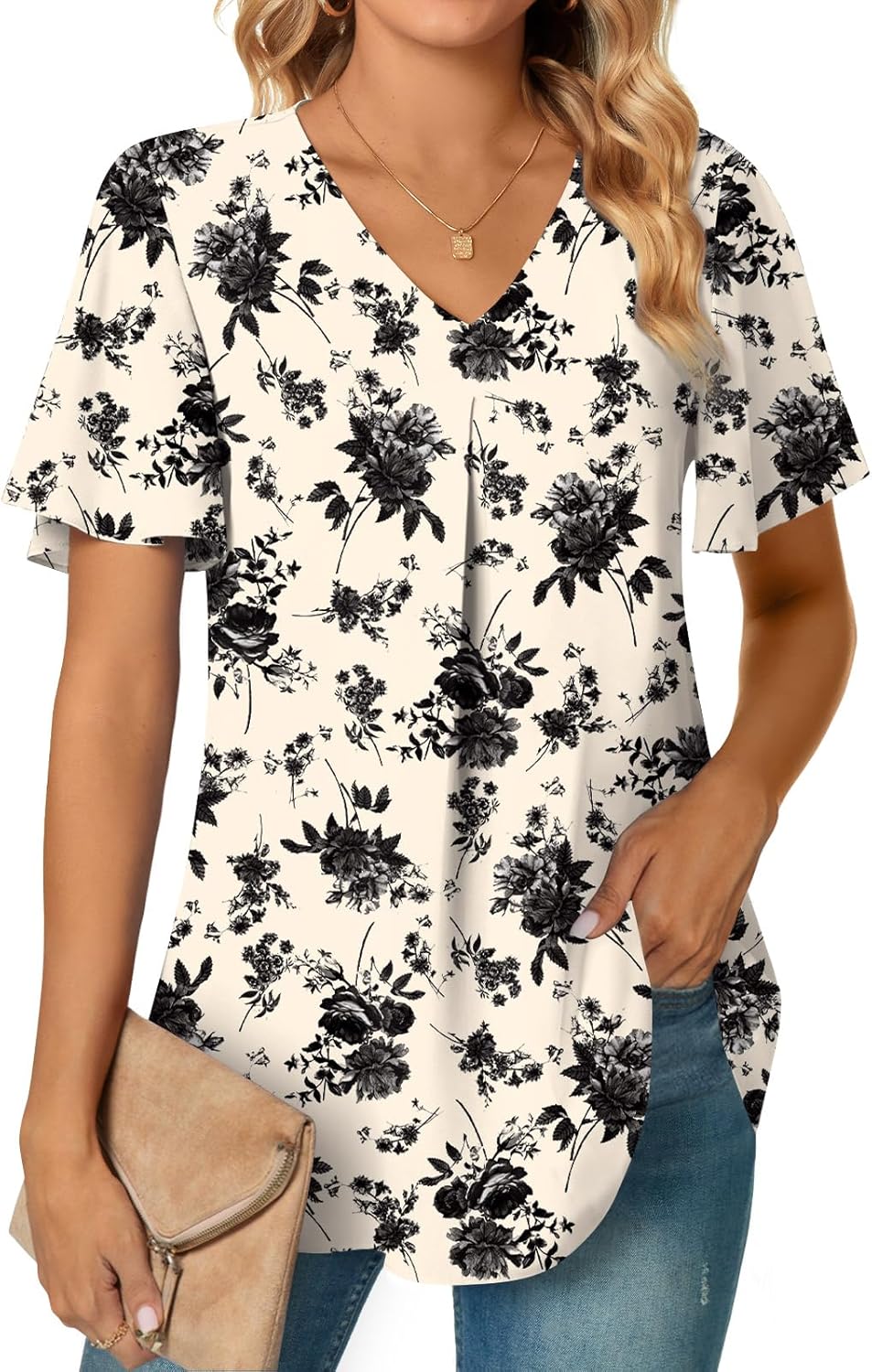 Anyally Women's Summer Dressy Chiffon Blouses V Neck Ruffle Short Sleeve Tunic Tops for Leggings Casual T-Shirts - Image 2